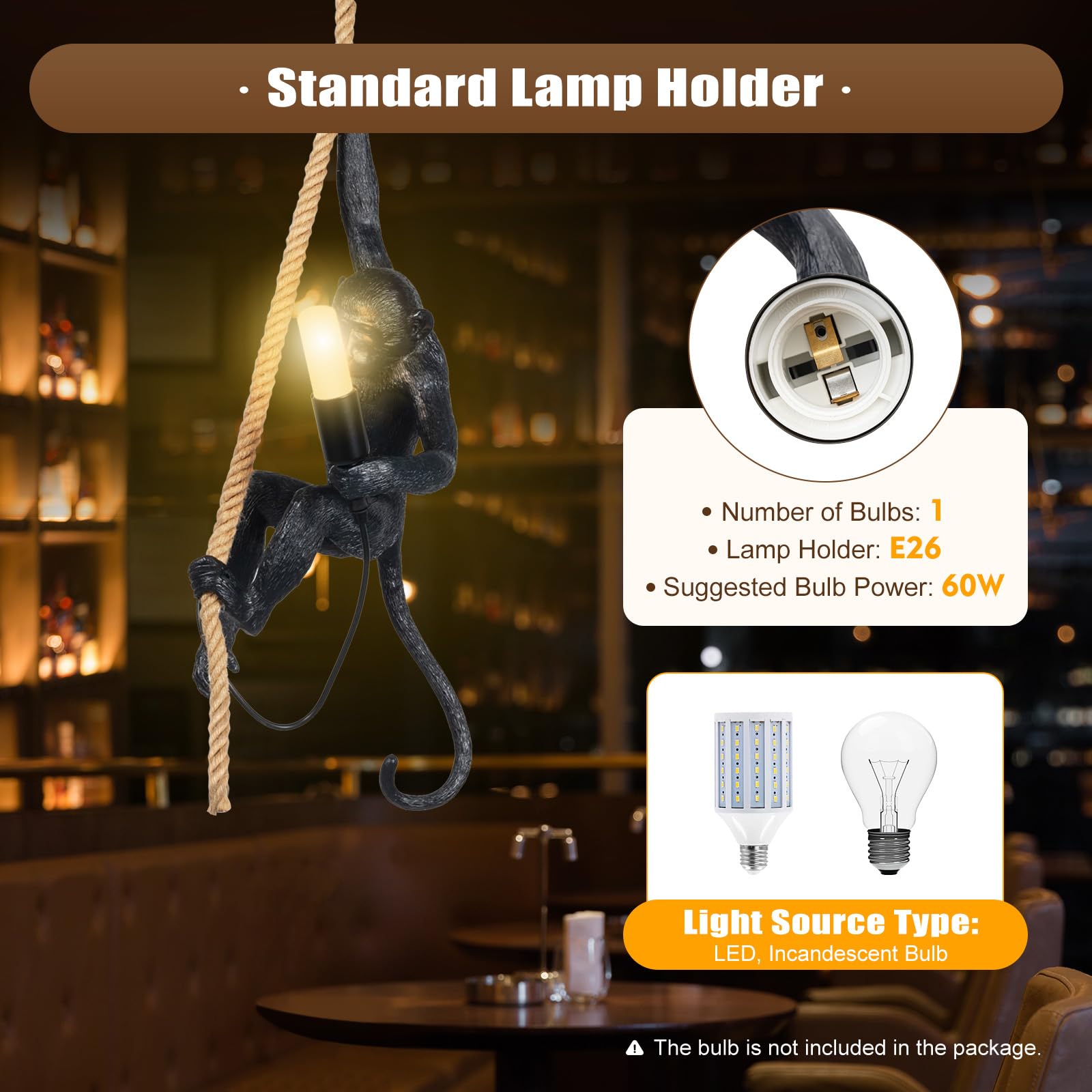 Huashuani Monkey Pendant Light, Vintage Resin Monkey Chandelier, Creative Monkey Shape E26 Hanging Light Fixture With Hemp Rope