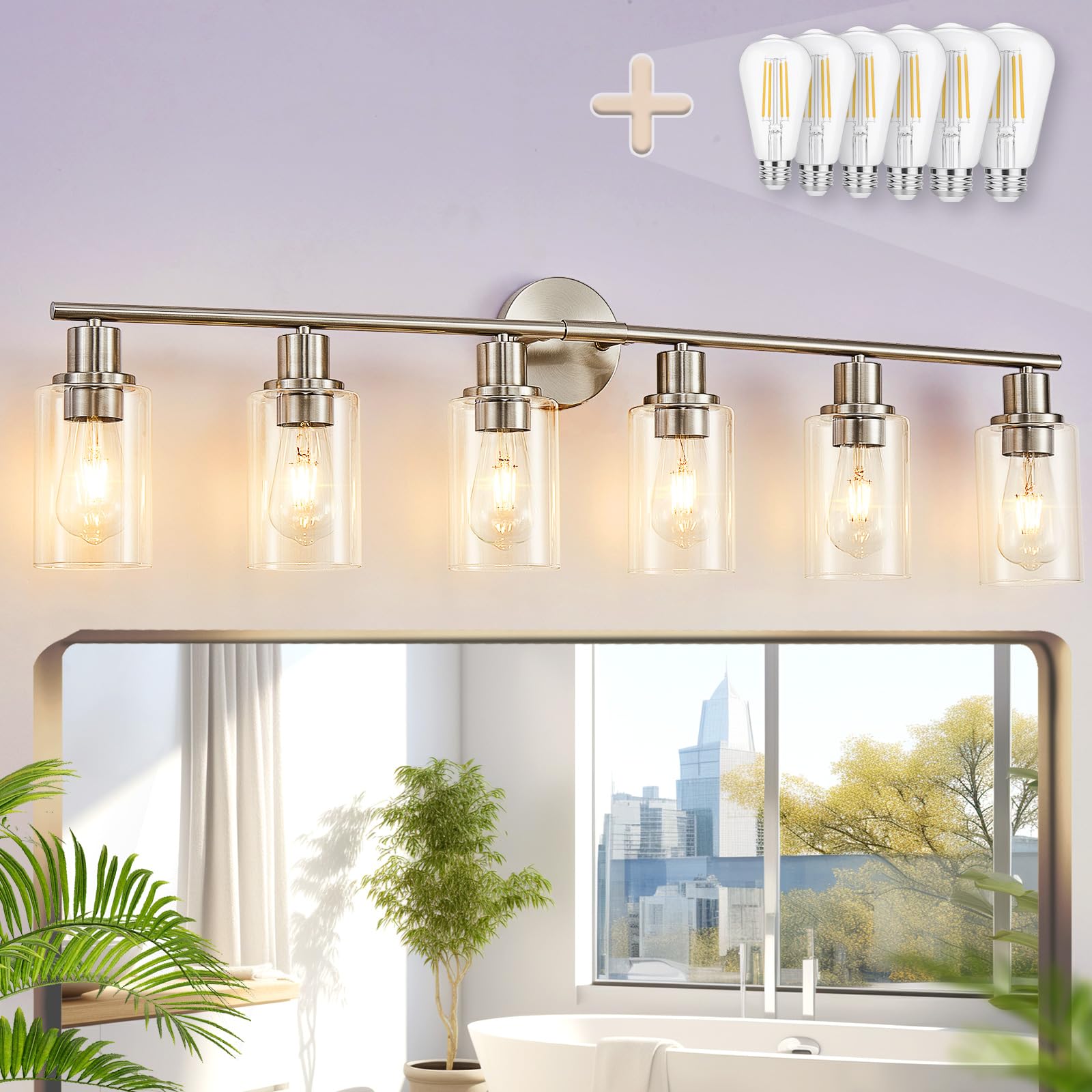 DINGLILIGHTING 6-Light Bathroom Light Fixtures, Brushed Nickel, Metal, Clear Glass Shade, Modern Vanity Lights for Mirror, Kitchen, Living Room