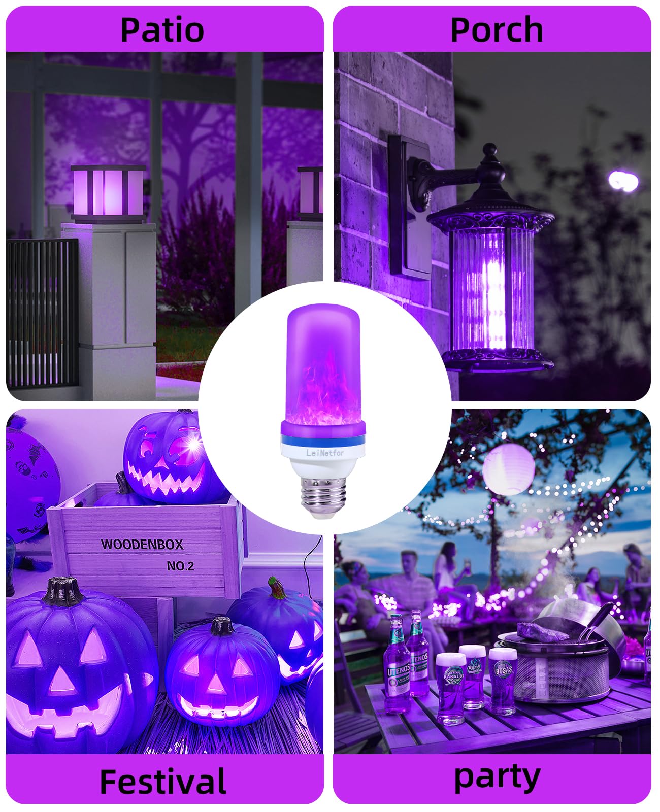 Bhcorner [Smaller Size] Led Purple Flame Light Bulbs - Halloween Flickering Light Bulb With Gravity Sensing Effect, E27 Base Christmas Purple Light Bulbs Outdoor, 3W Vintage Flame Bulb (2 Pack)