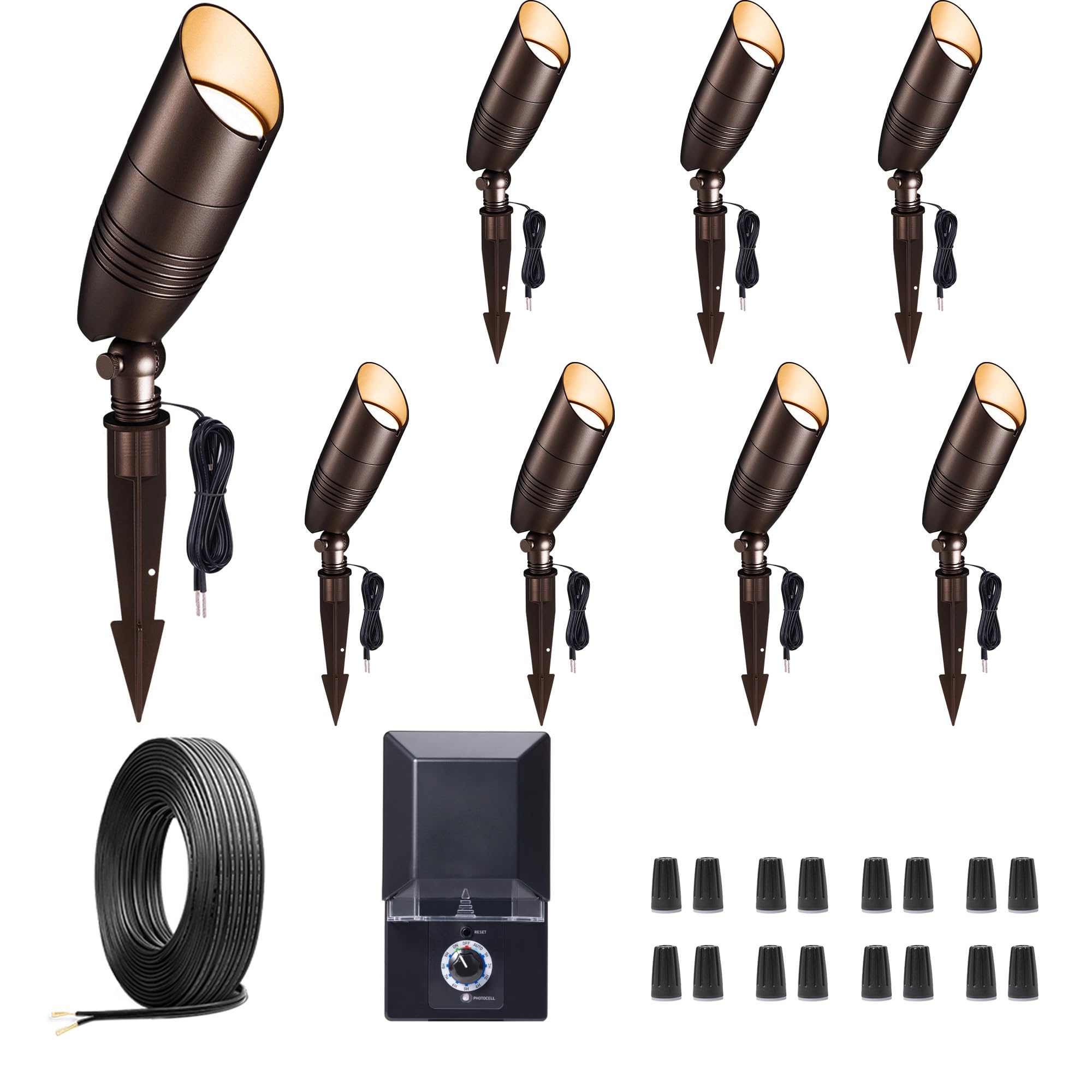 Varmtalys Outdoor Landscape Lighting Kit, with 8 Pack Spotlights and 100W Transformer and 100FT Cable and 30 Wire Connectors, 3C