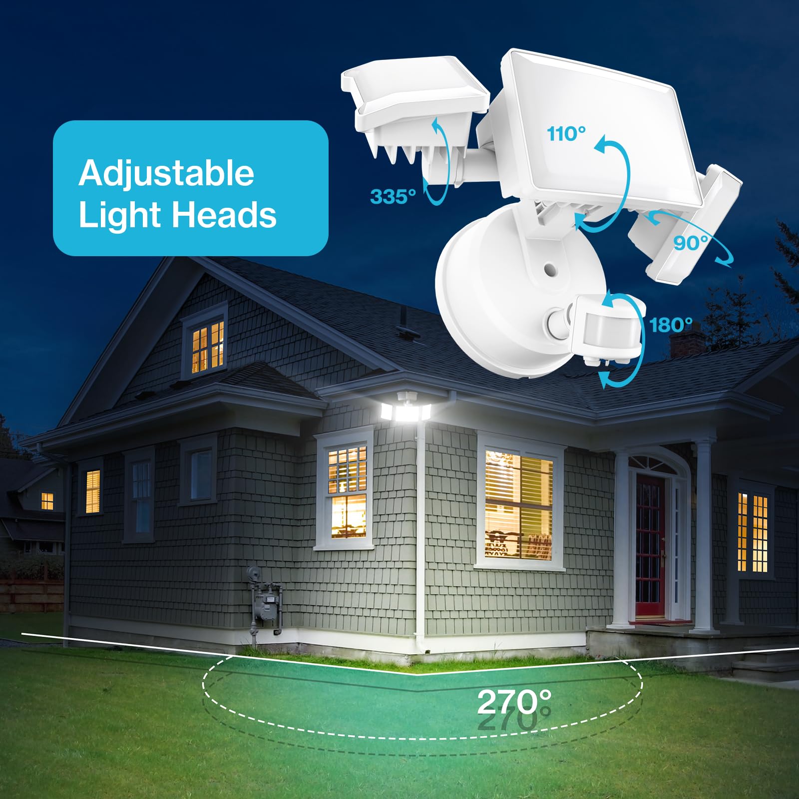 Olafus 65W Motion Sensor Outdoor Light, 6000LM, 6500K, 3 Adjustable Heads, IP65 Waterproof, 2 Pack, White, Model BDB55G