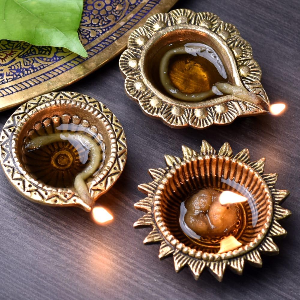 Indian-Shelf 3 Pieces Brass Diya Oil Lamp for Daily Puja c for Home Office & Temples Articles Festive Diwali Gifts Other Religio