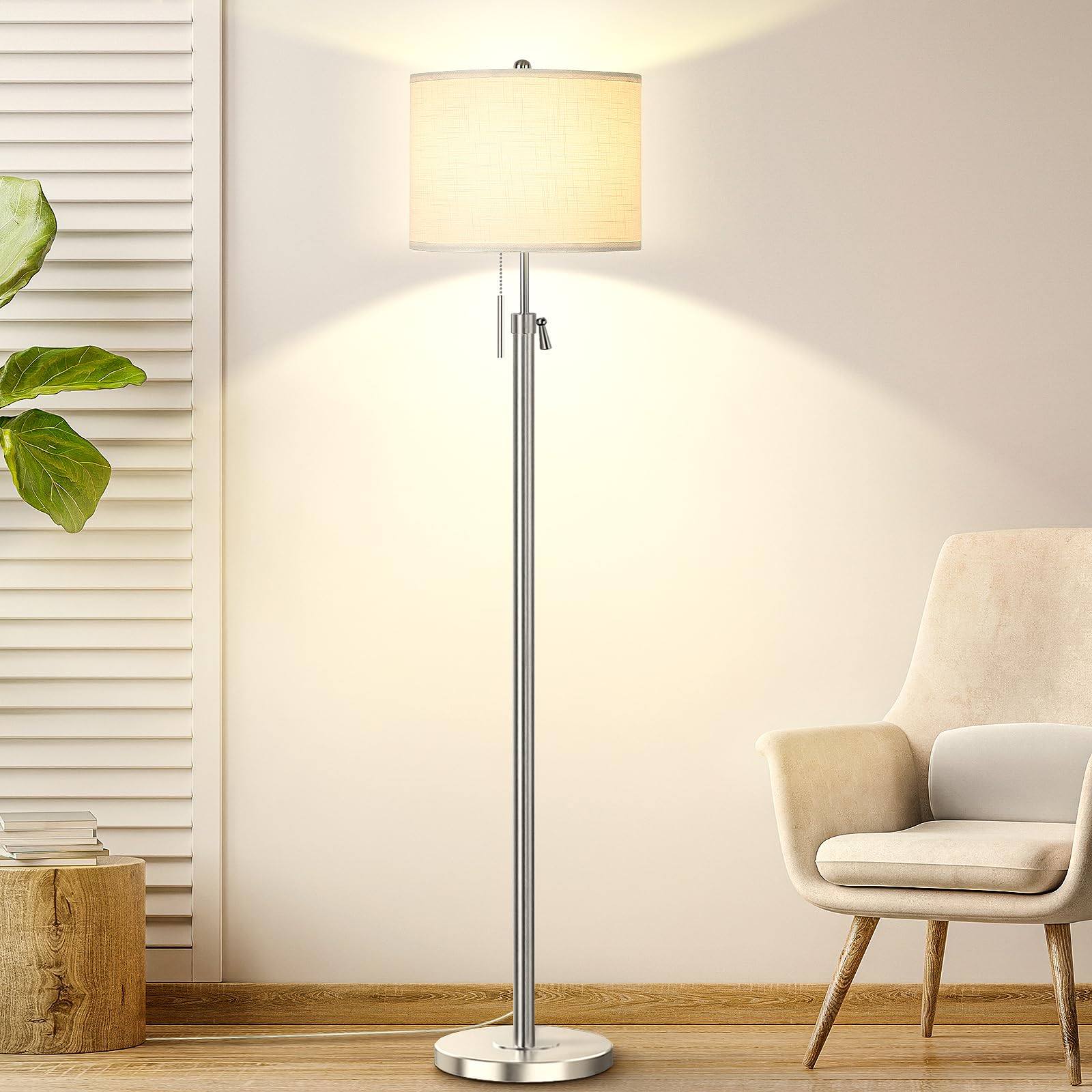 Brushed Nickel Floor Lamp for Living Room, Adjustable Height Standing Lamp with Metal Base, 3-Way Dimmable Tall Pole Light with 