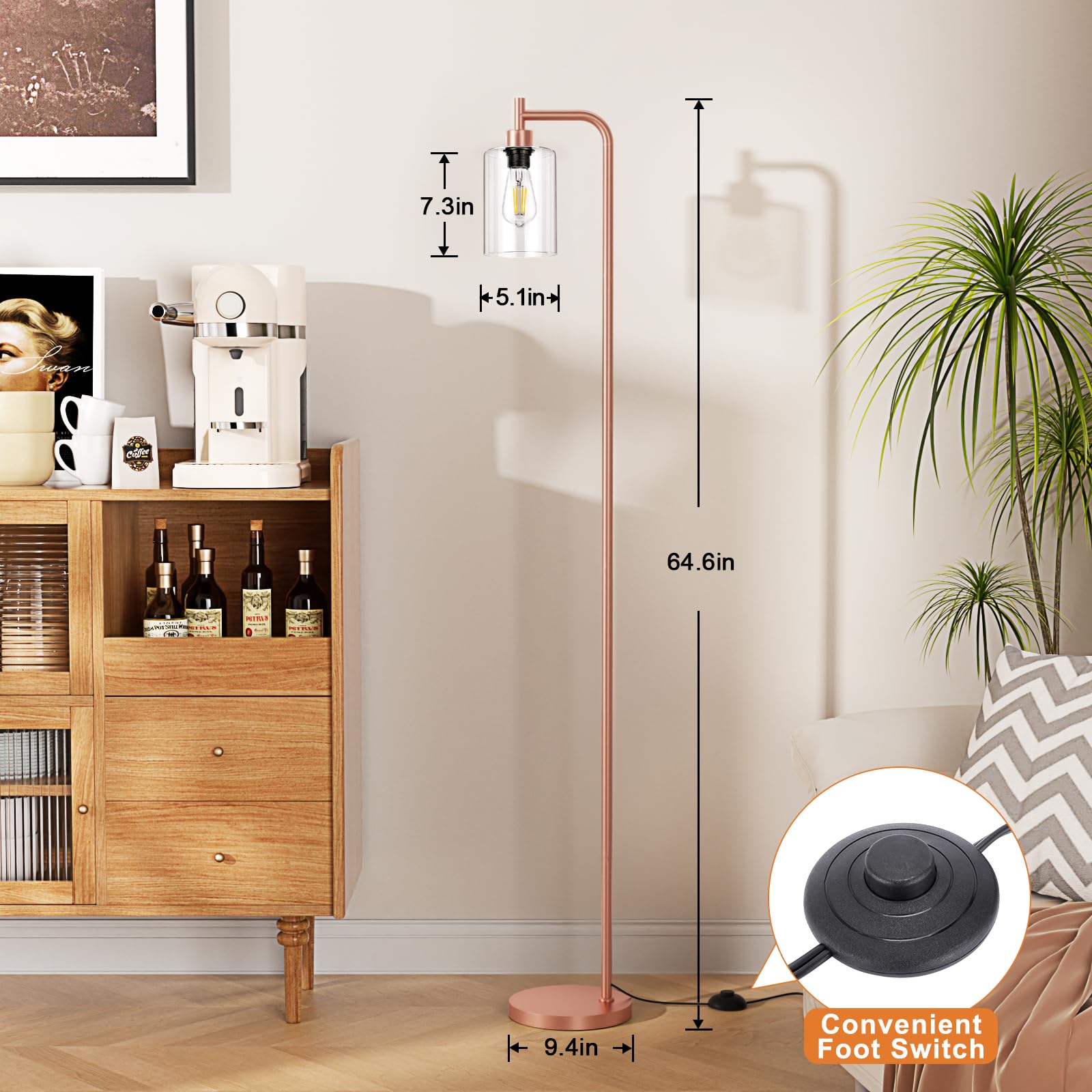 Ziisee Floor Lamp With Clear Glass Shade - Industrial Standing Lamp With Led Bulb, Modern Tall Floor Lamps For Living Room Bedro