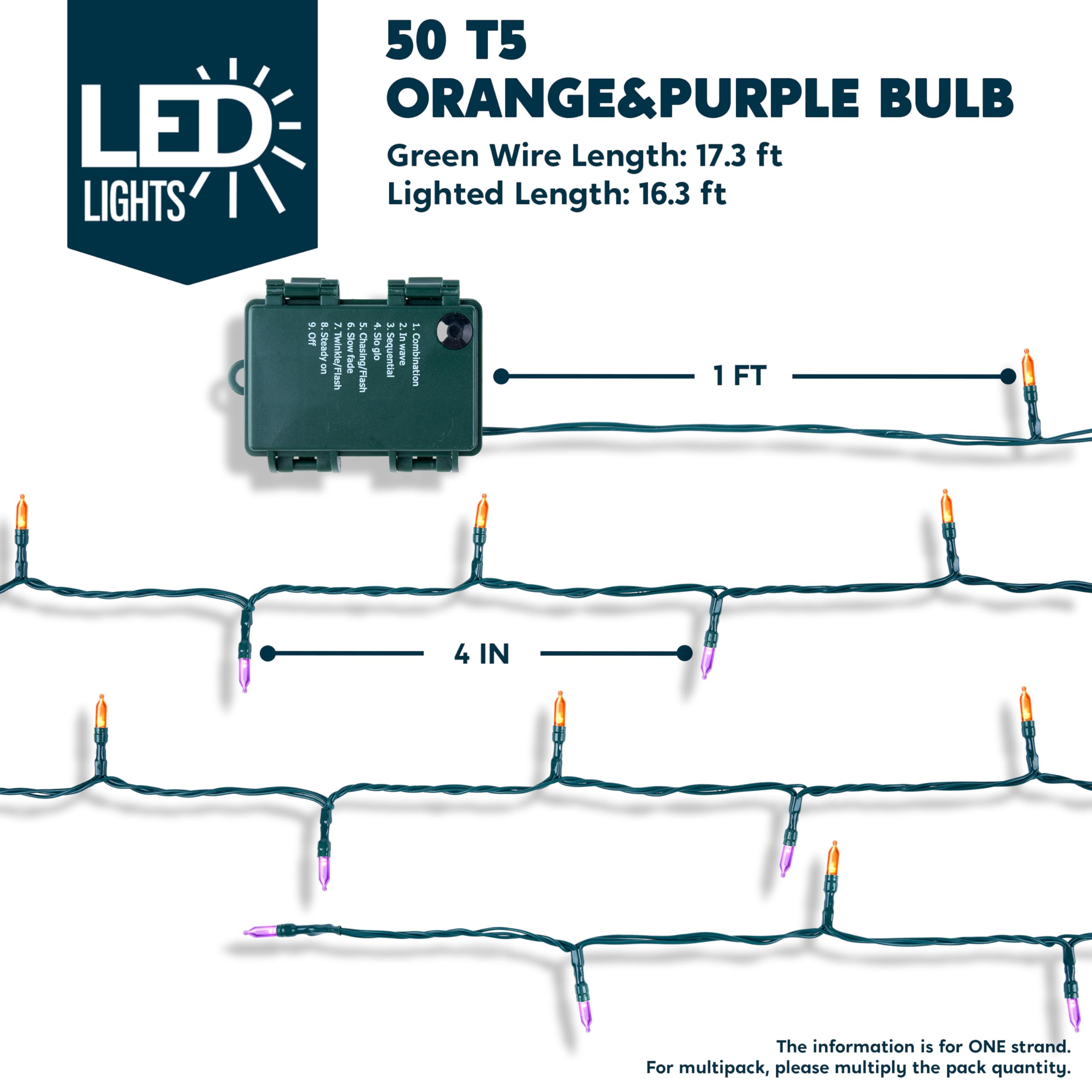 Joiedomi LED Christmas Lights, 32.6FT Battery Operated, 8 Modes, 2?50ct, Orange&Purple, Model JOI-LH-31146, Plastic Material