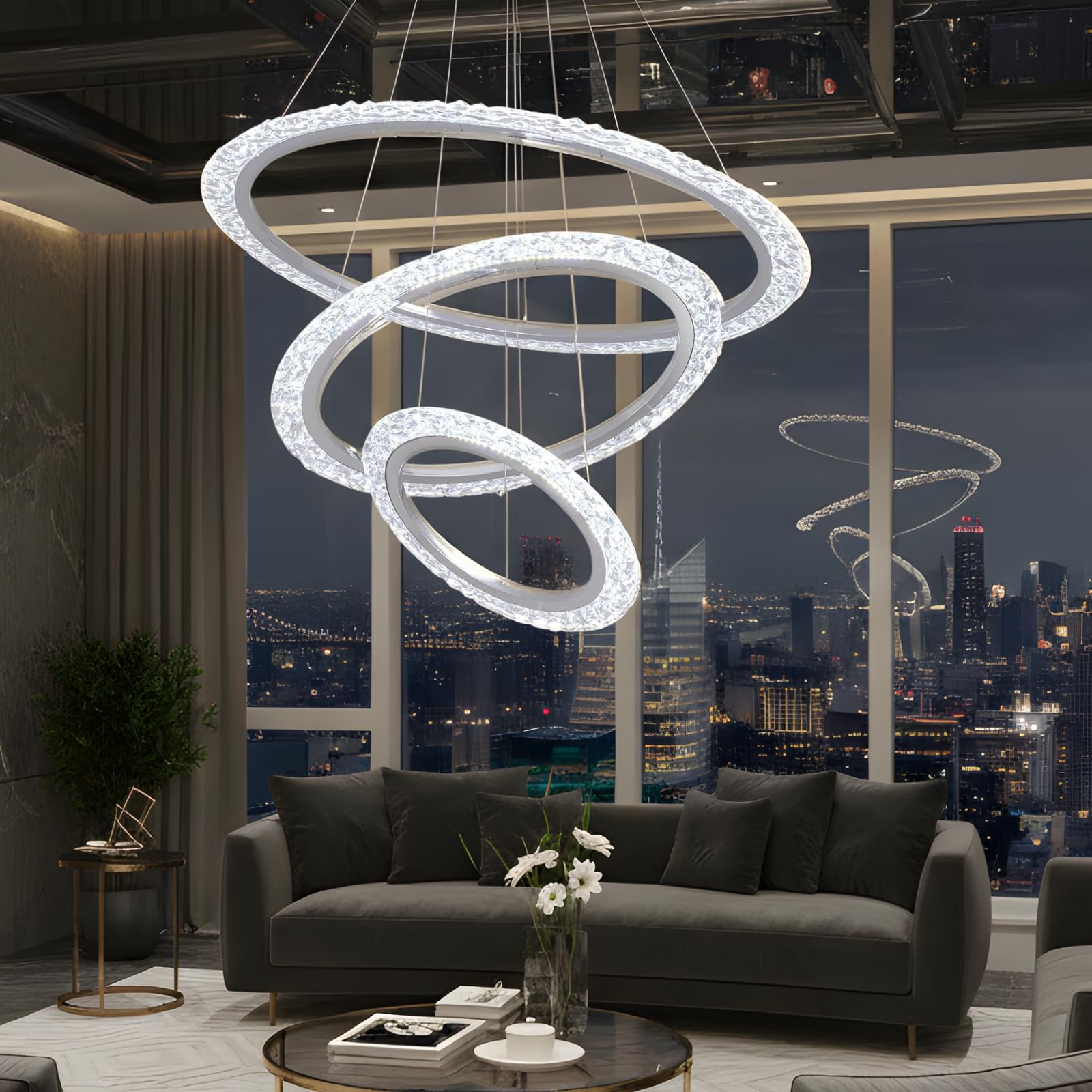 7PMBEANE Modern LED Chandelier ??????.?? 3 Ring Crystal Chandeliers for Dining Room Ceiling Lighting Fixture Adjustable Height Round Pendant Lights Silver Ring Chandelier for Living Room Bedroom