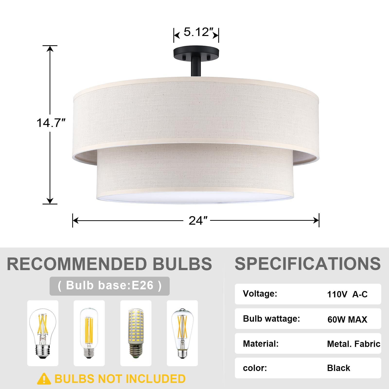 Dolaimi House 5 Light Semi Flush Mount,Close To Ceiling Light Fixture With Linen Fabric Shade Black Finish 24 Inch Semi Flush Dr