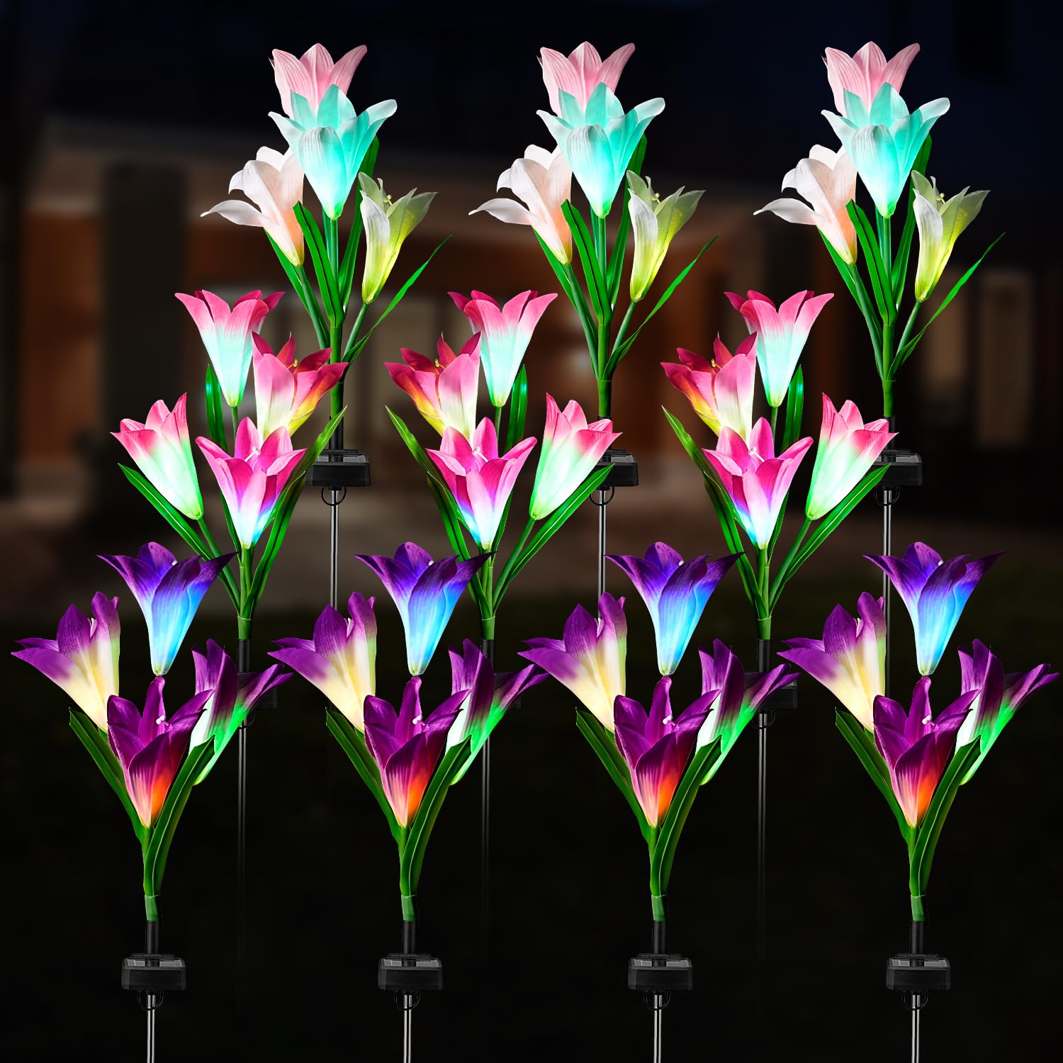 10 Pack Solar Garden Lights Outdoor, 7 Color Changing LED Waterproof Solar Powered Lily Flowers Landscape Lights for Outside Yar