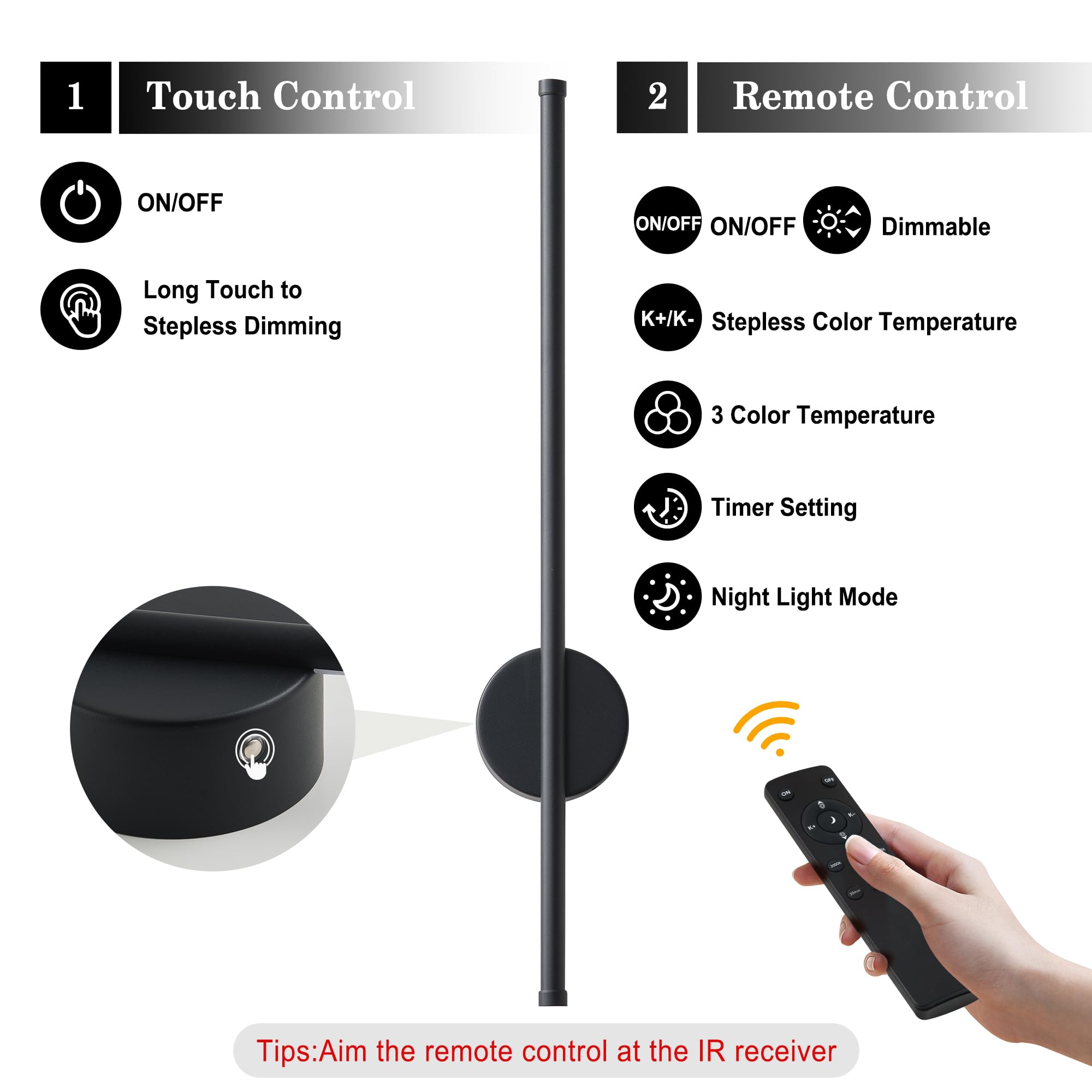 KARTOOSH Battery Operated Wall Sconces, Dimmable LED Light Set of 2, 23.6 Inch, Black, Rechargeable with Remote Control