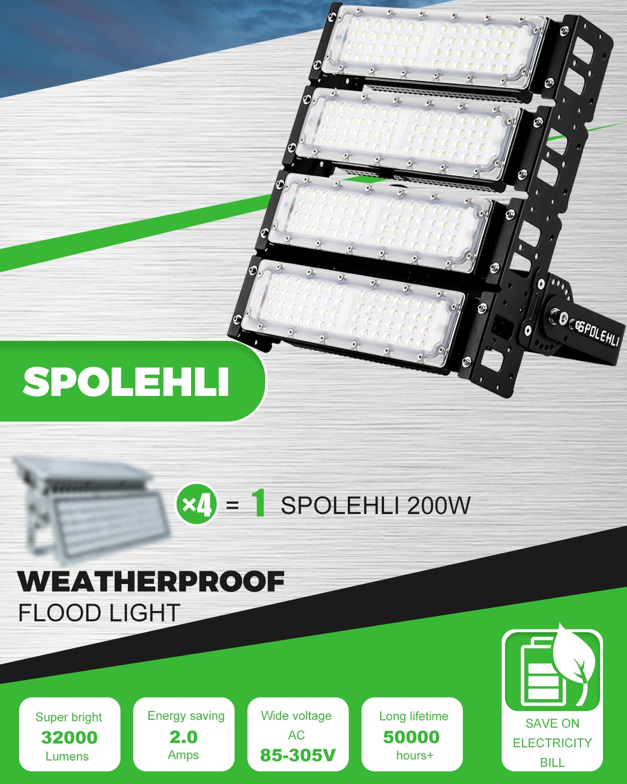 Spolehli 1200W Led Stadium Flood Lights 32000Lm Ip66 Waterproof 6500K Daylight Outdoor Lighting