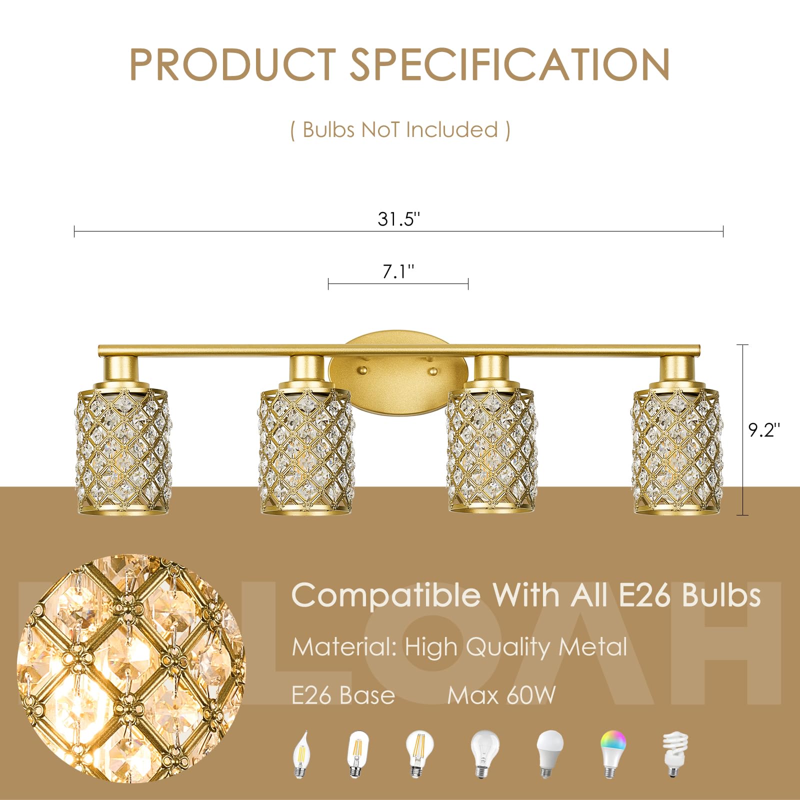 Niloah 4 Light Gold Vanity Light Fixtures, Modern Farmhouse Vanity Light, Bathroom Lights Over Mirror,Crystal Vanity Lighting Fixtures For Bathroom,Powder Room