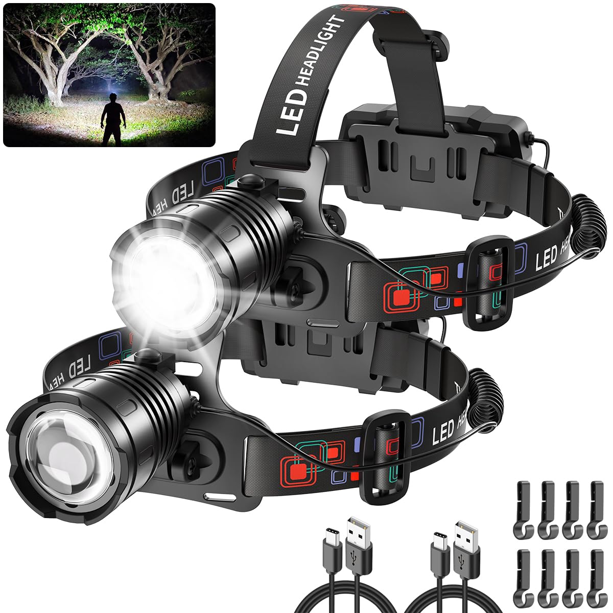 Rechargeable Headlamp 2Pack, Bright Head Lamp, 90Angle Head Lights For Forehead, Adjustable Focus Headlight, 4Mode Led Headlamp 