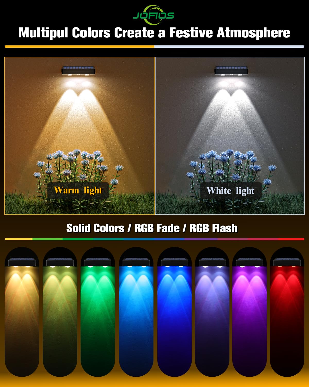JOFIOS Solar Fence Lights 16 Pack, 50 Lumens RGB Color Glow, Waterproof, Black, Model WL15