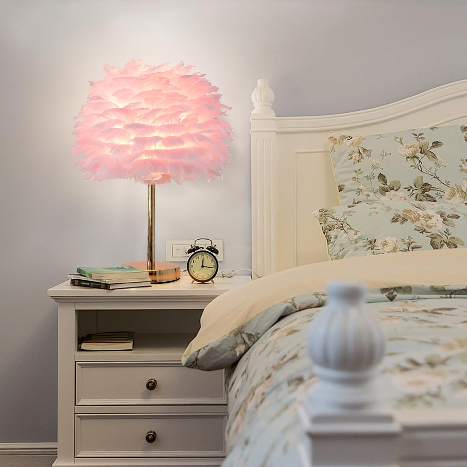 ZYLEIESENBAO Pink Feather Lamp Cute Romantic Goose Feather Table Lamp Furry Nightstand Light with Gold Base Bedside Lamp for Gir