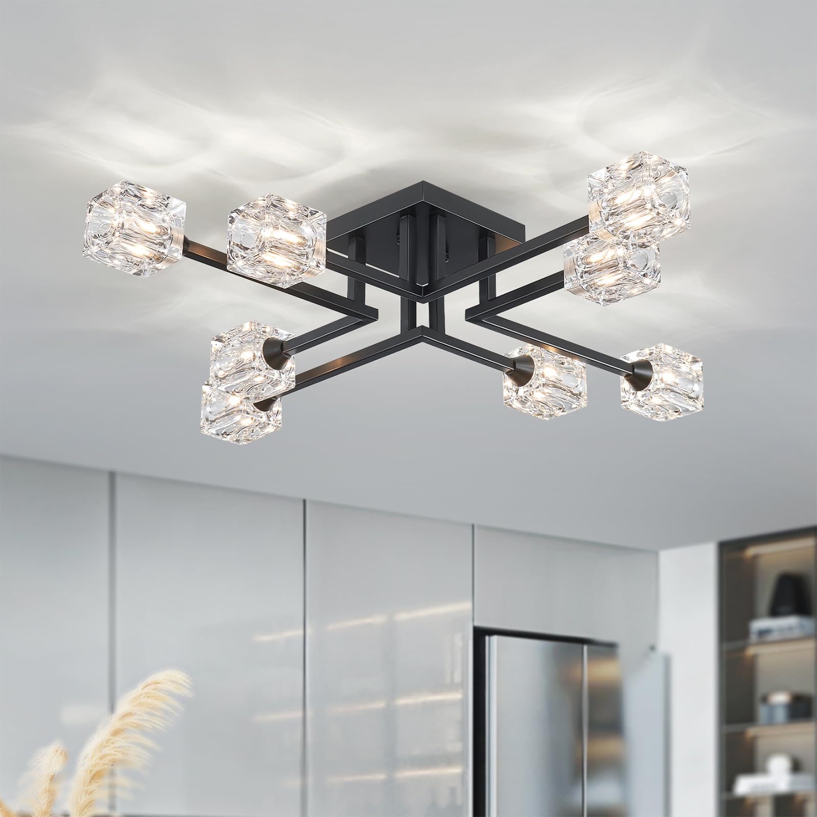 XINGQI Black Sputnik Chandelier 8-Light Semi Flush Mount Ceiling Light for Dining Room, Living Room, Kitchen, Bedroom