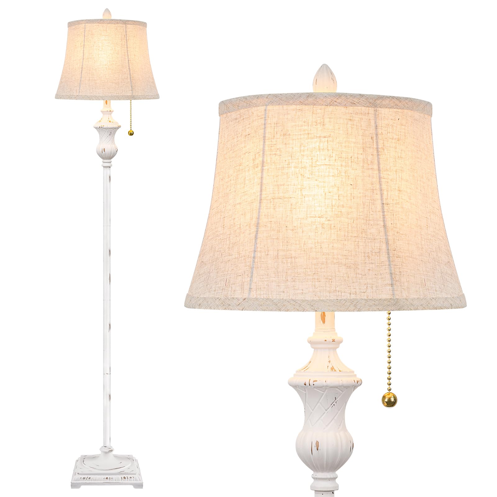 TOBUSA Rustic Vintage White Floor Lamp for Living Room Bedroom, 64inch Traditional Tall Floor Lamp with White Linen Shade, Retro