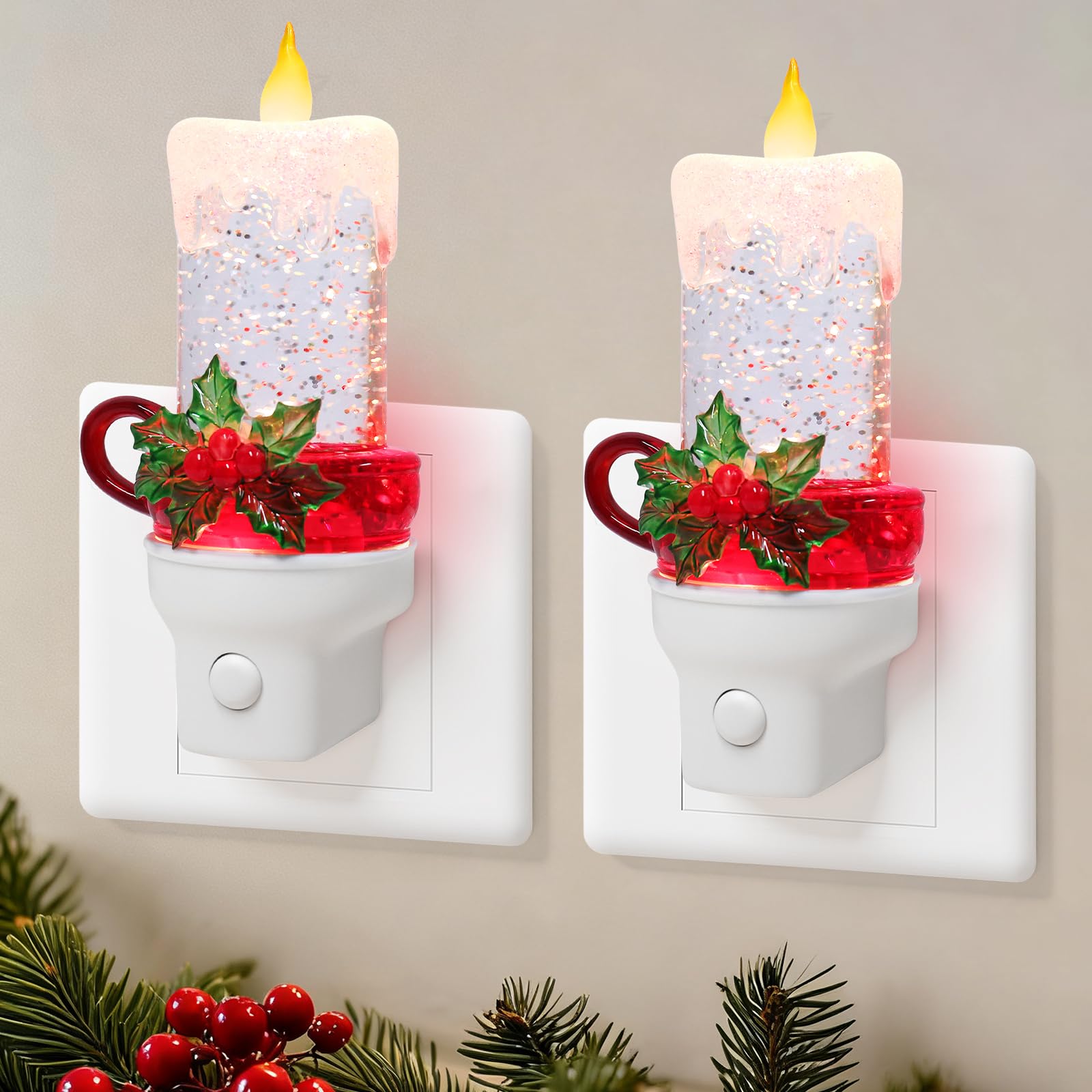 2 Pack Christmas Candle Night Light Plug into Wall Glitter Water Nightlight with USB/Outlet Options  Christmas Decorative Nightlight for Bedroom Kitchen Nursery Holiday Decorations Gifts (Candle)