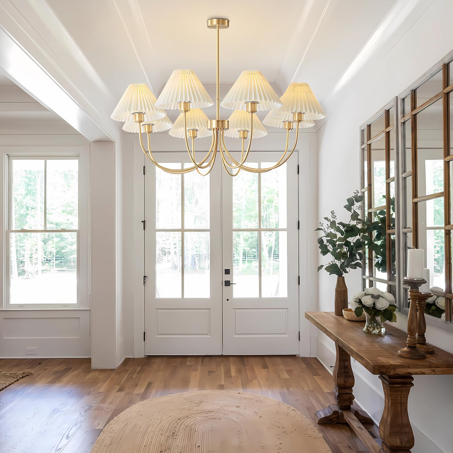 Kco Lighting Brushed Brass Sputnik Chandelier Gold Metal Chandelier With White Pleated Fabric Shades 8-Lights Ceiling Chandelier