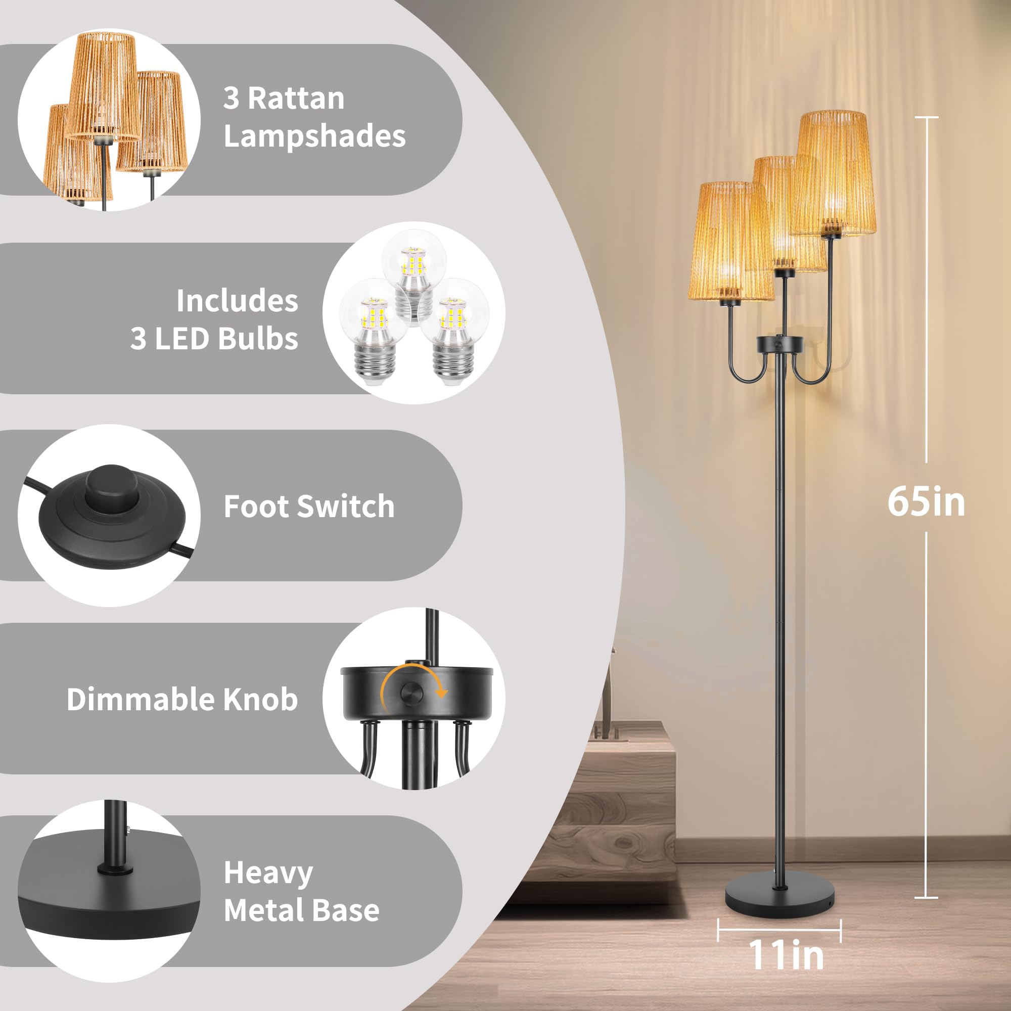 Mkpaei Boho Floor Lamp, Dimmable Farmhouse Floor Lamp With 3 Elegant Rattan Cage Shade And 7W Led Bulbs, 65'' Rustic Tree Tall L