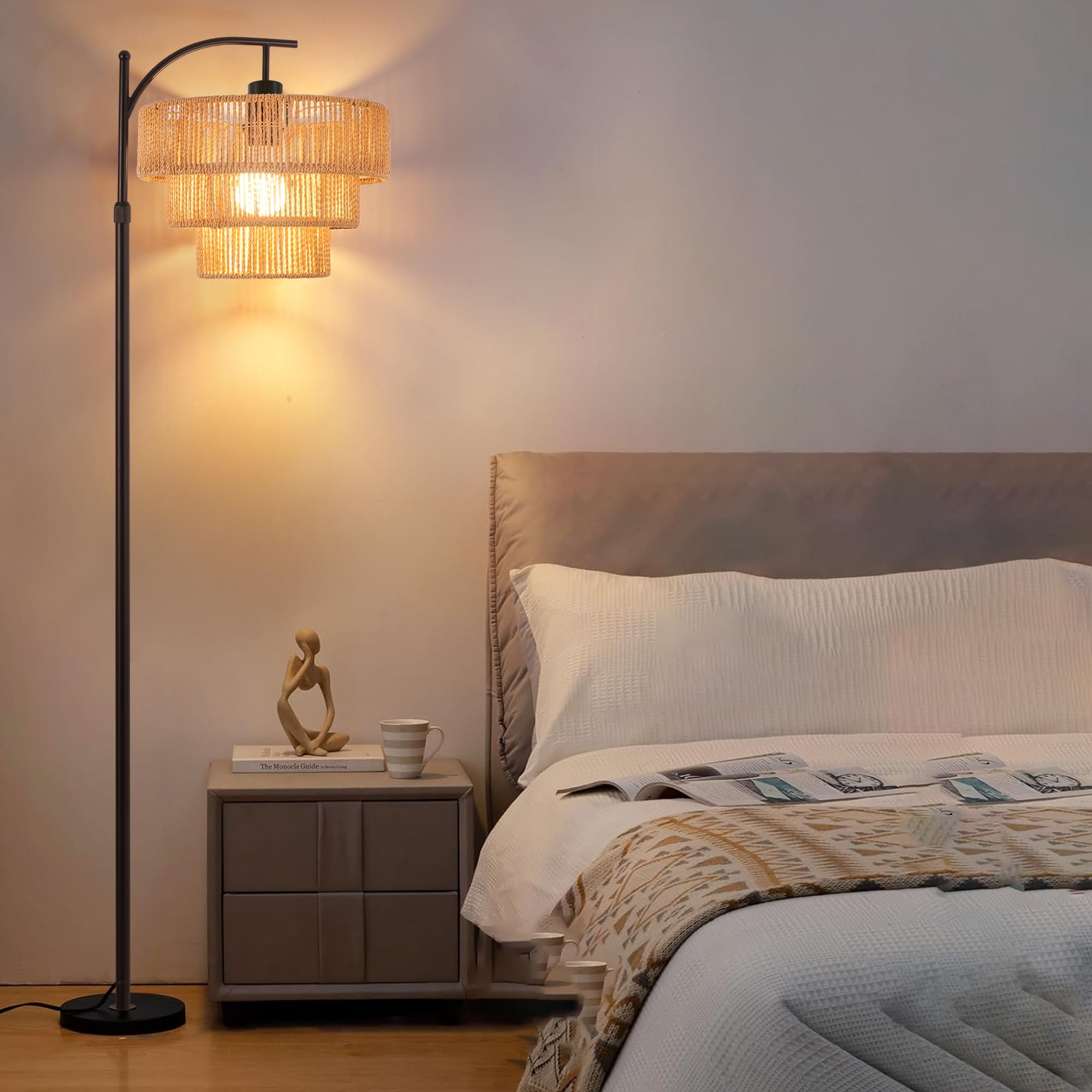 Arc Floor Lamp For Living Room With Remote Control,Farmhouse Boho Floor Lamps With 3 Color Temperature,Rustic Standing Lamp With Rattan Wicker Shades,Adjustable Tall Lamp For Bedroom,Office,Reading