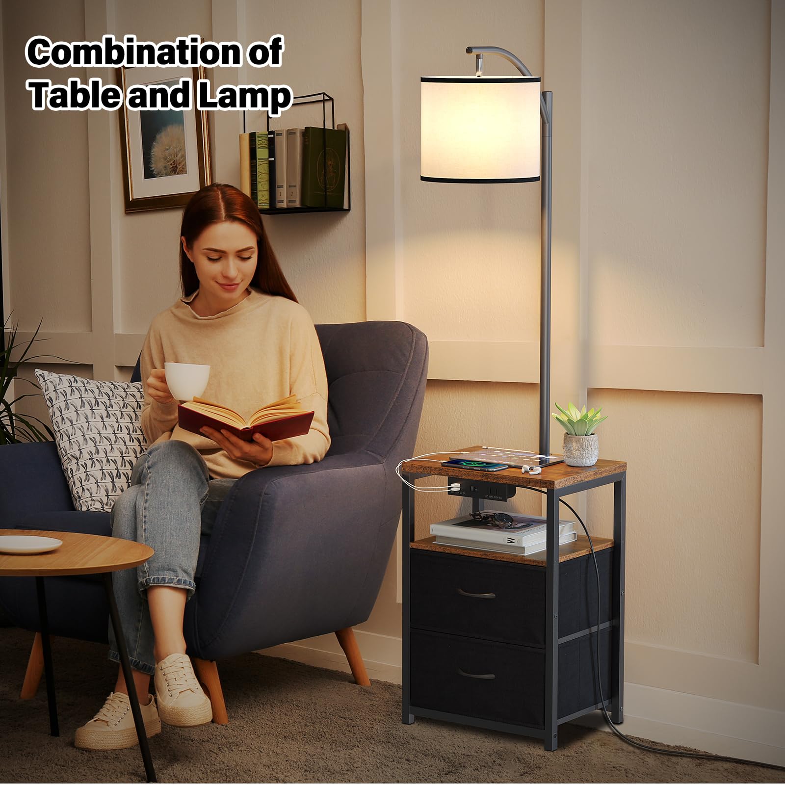 Sunmory Floor Lamp With Table & 2 Drawers, Lamp With Usb Port And Outlet, Nightstand With 3 Color Temperature Led Bulb Included,