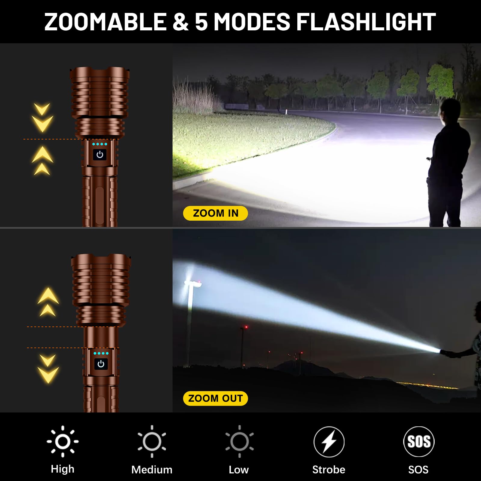 Weoxi Rechargeable Flashlight 5000 Lumens, 5 Modes, Waterproof, Aluminum, Coffee, Model XHP160-A8