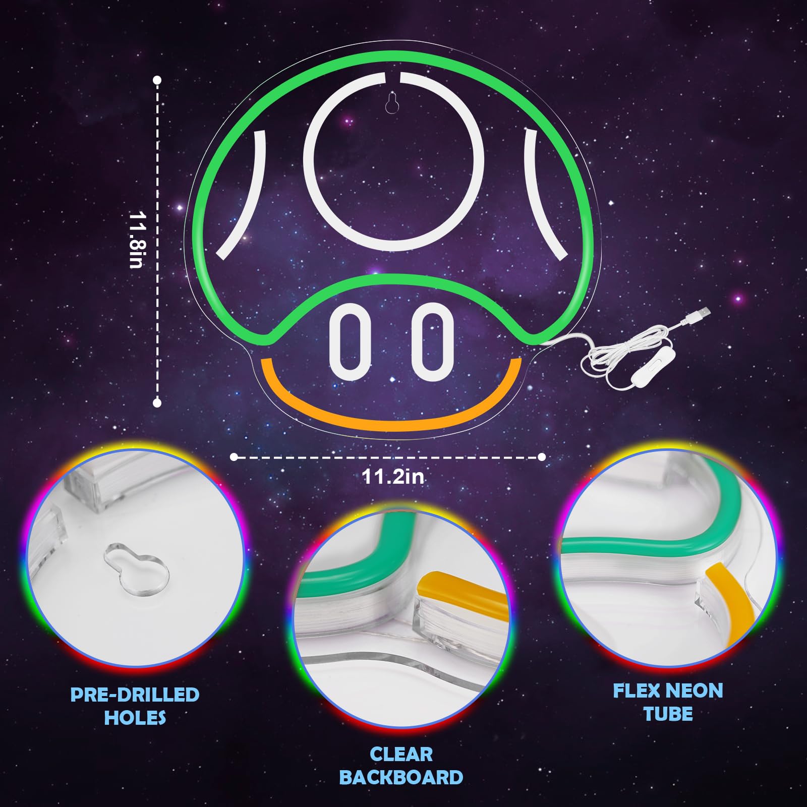 Kavaas Green Gaming Neon Sign - Mushroom Wall Decor For Game Room, Kids & Man Cave