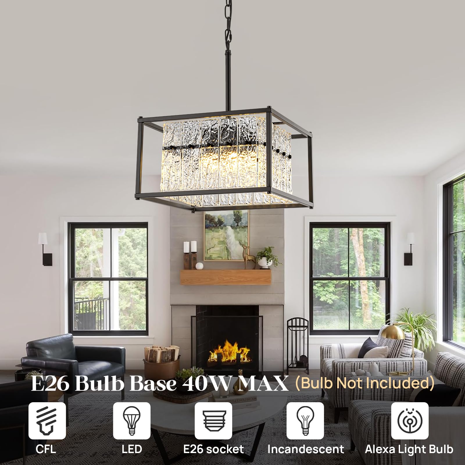 Jsdorsy Modern Black Crystal Pendant Light For Kitchen Island, 4-Light Water Ripple Glass Chandelier, Adjustable Height Dimmable