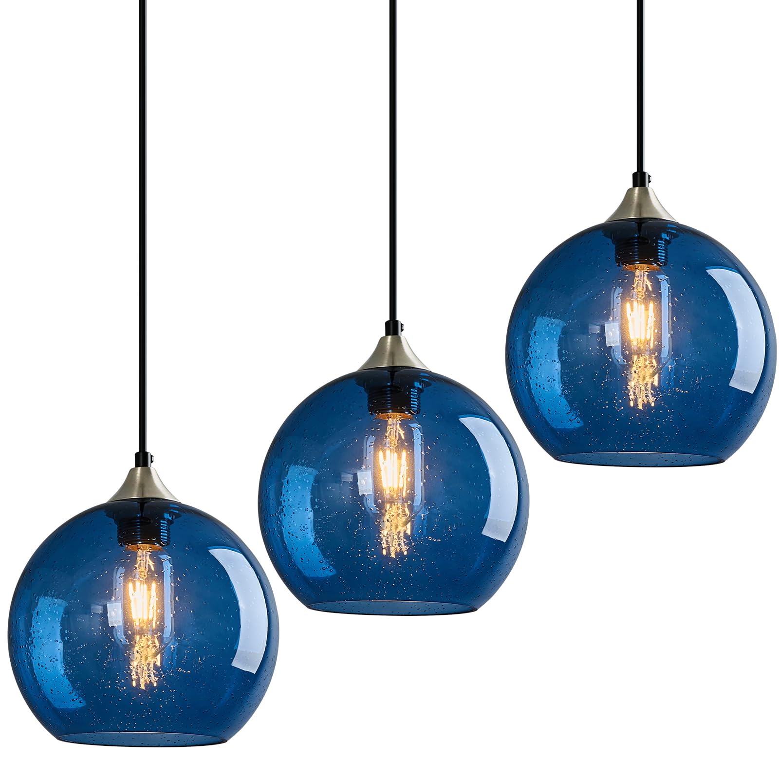 LBSQJ Blue Glass Pendant Lights 7.87in 3-Pack Modern Lighting Fixtures for Kitchen Island Bedroom Dining Room