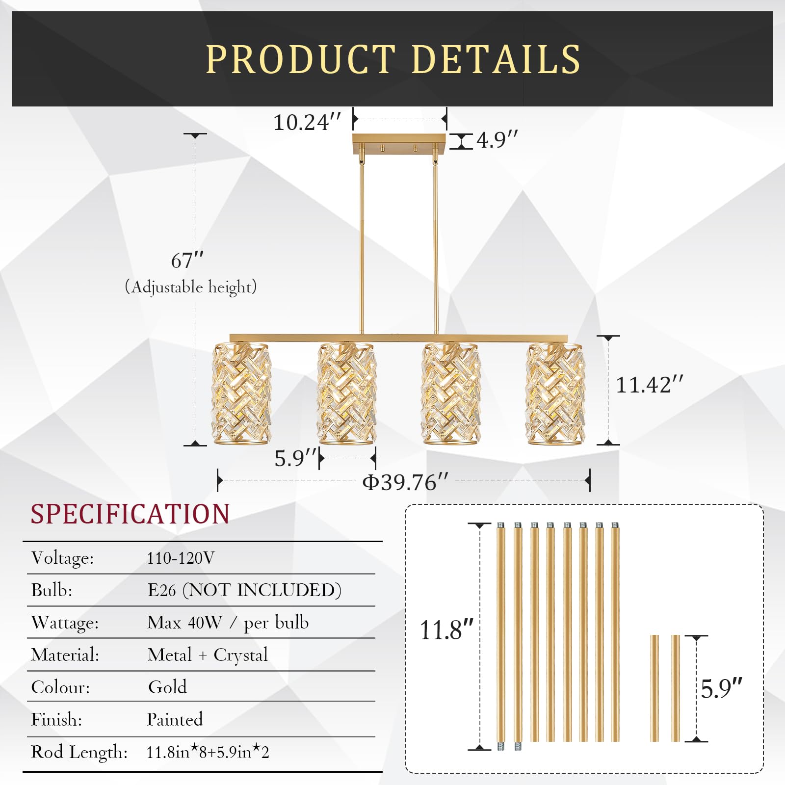 Catiner Gold Crystal Kitchen Island Lighting 40'' Modern Linear Chandelier 4 Lights Ceiling Pendant Light Fixture Luxury For Kit