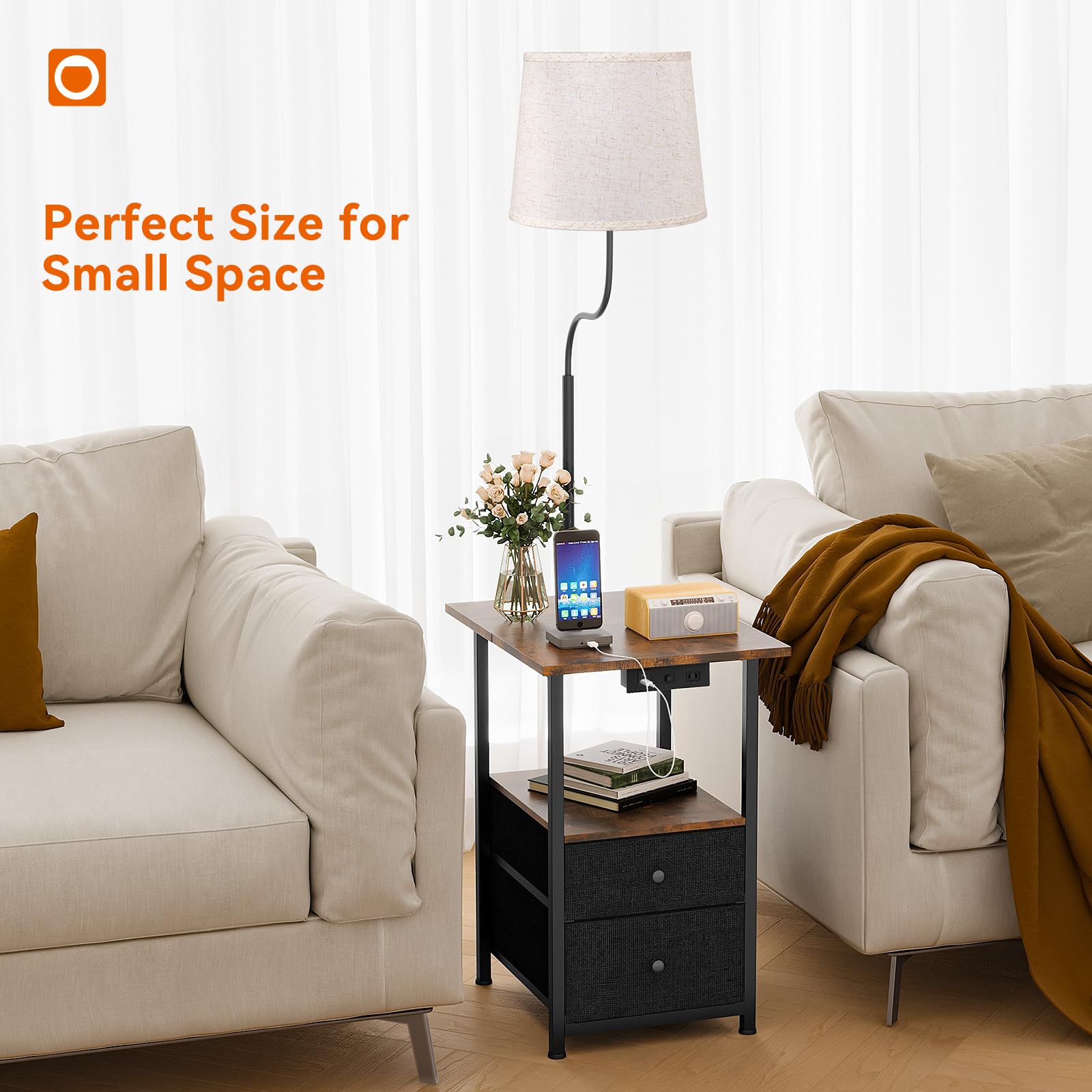 Addlon Floor Lamp With Side Table, Nightstand With Charging Station, 3 Color Temperatures 9W Led Bulb, Floor Lamps For Living Room, Bedroom, Storage End Tables Living Room - Vintage