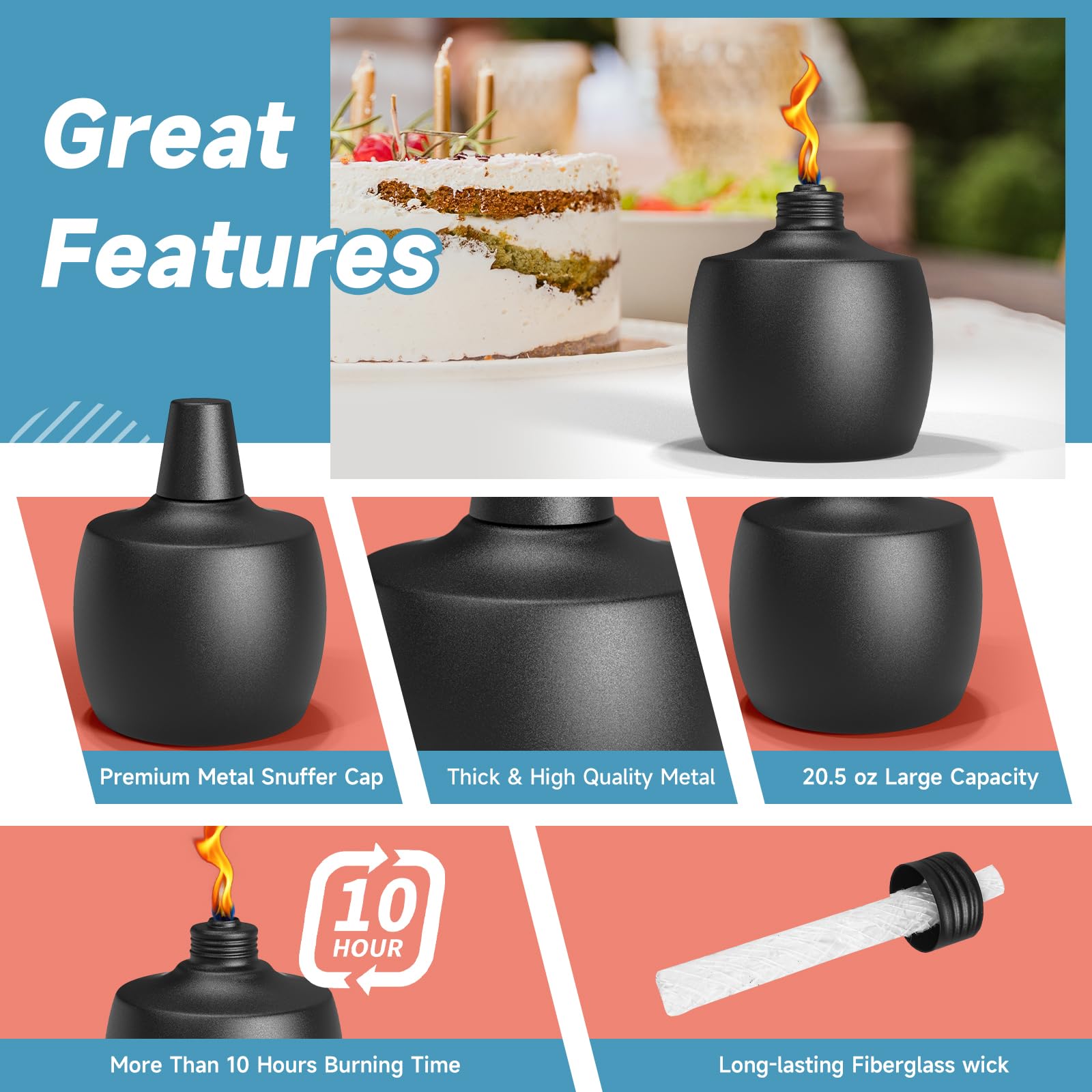 FALBAWR Citronella Tabletop Torches, 21.5 oz, Black, 6-Pack, Metal Oil Burner Candles for Outdoor Use