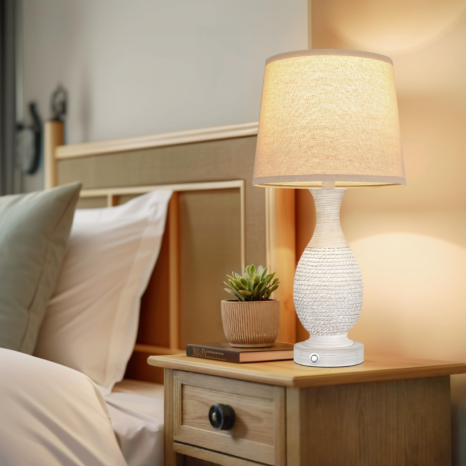 Seealle Bedside Lamps Set of 2 - Dimmable Touch with USB C+A, Resin, 22.6in, C. Oat Shade, Model 07033, Bulbs Included