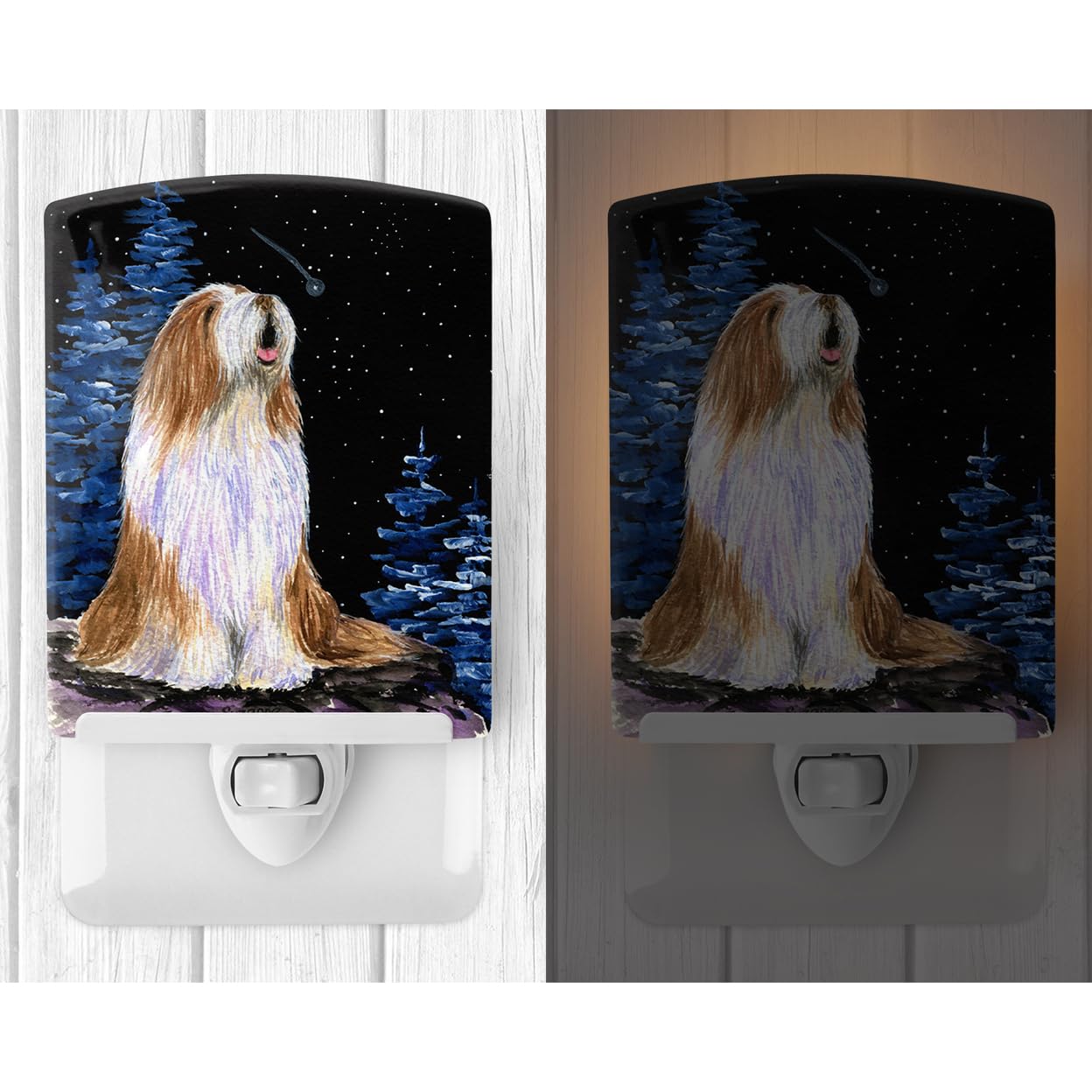 Caroline'S Treasures Ss8467Cnl Starry Night Bearded Collie Ceramic Night Light Compact, Ul-Certified, Ideal For Bedroom, Bathroom, Nursery, Hallway, Kitchen, 6X4X3, Multicolor