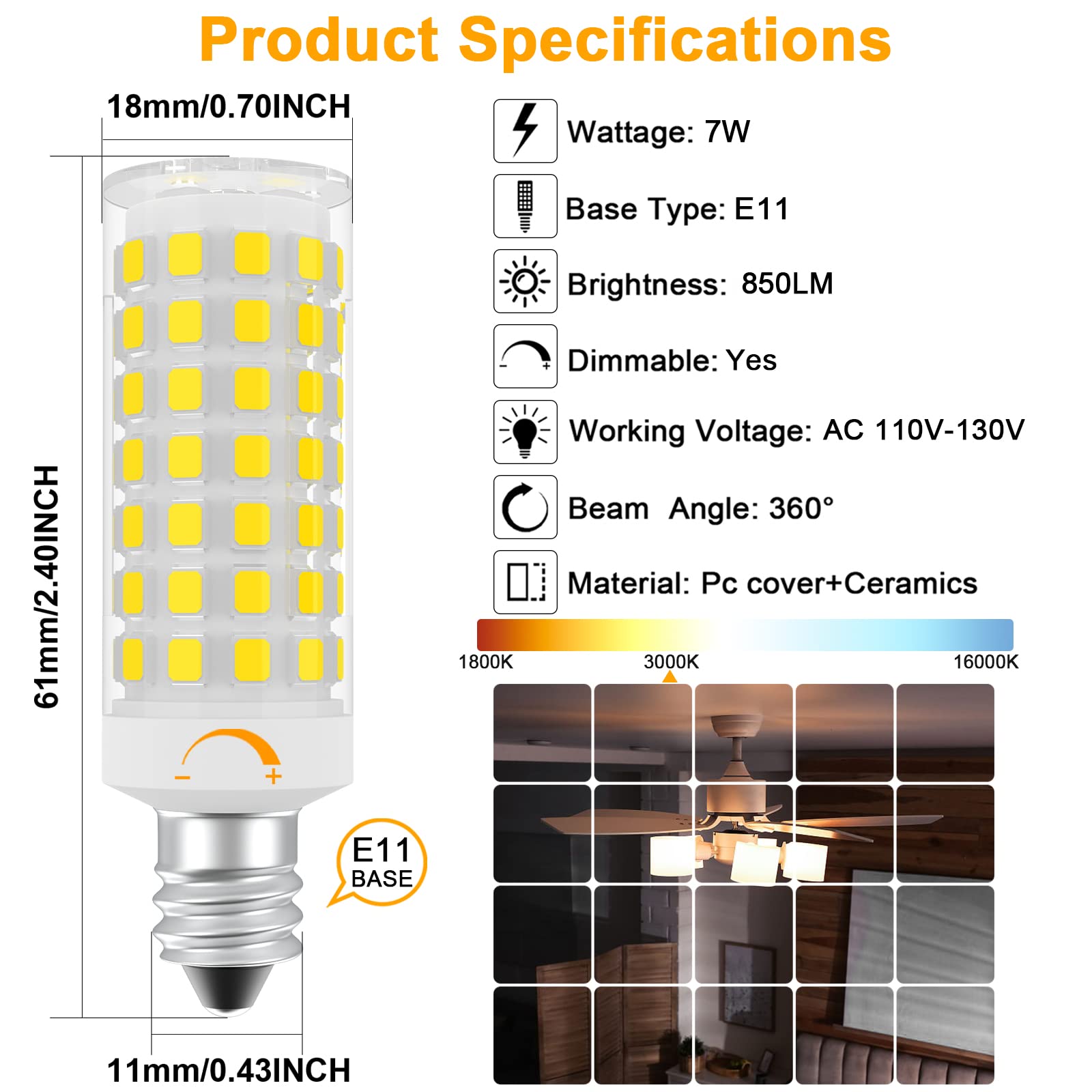 Dumiloo E11 Led Bulb Dimmable, 75 Watt Halogen Equivalent, 7W Warm White 3000K, T4 Mini Candelabra Base, Jde11 120V 75W For Ceil