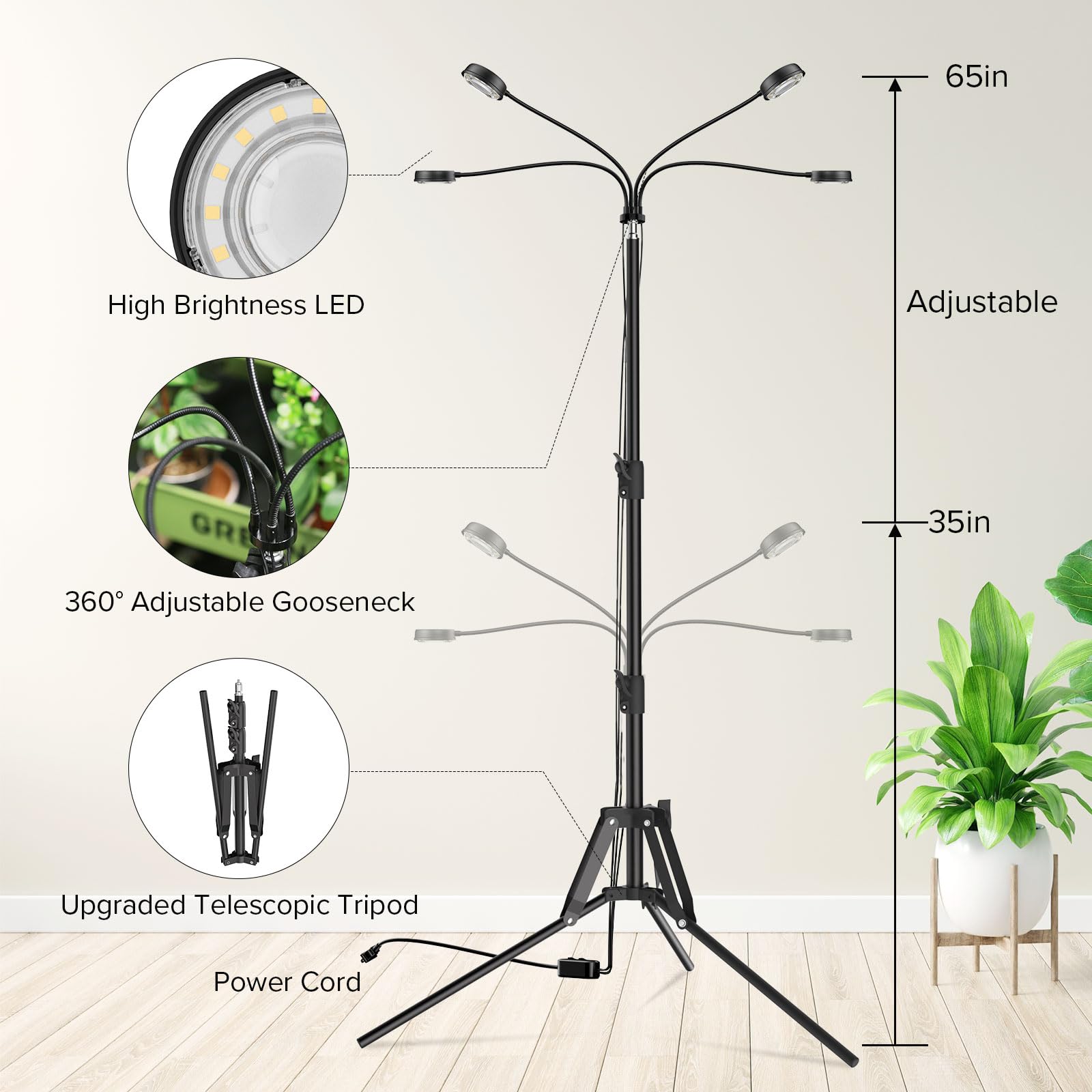 SANSI 4 Head Dimmable Grow Lights for Indoor Plants, 40W Adjustable Tripod, Auto On/Off Timer, Black