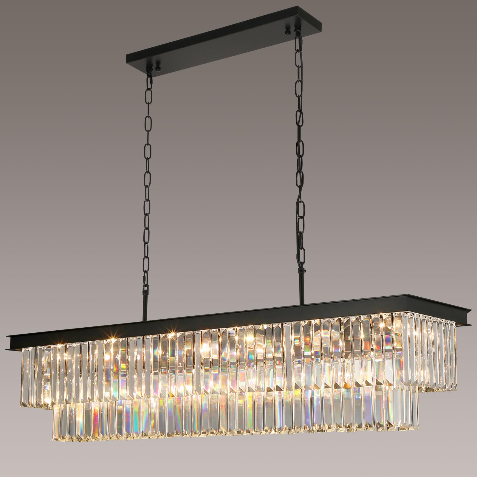 Weesalife Crystal Chandeliers 18 Lights Black Modern Rectangle L46 Inch for Dining Room Kitchen Island Bar