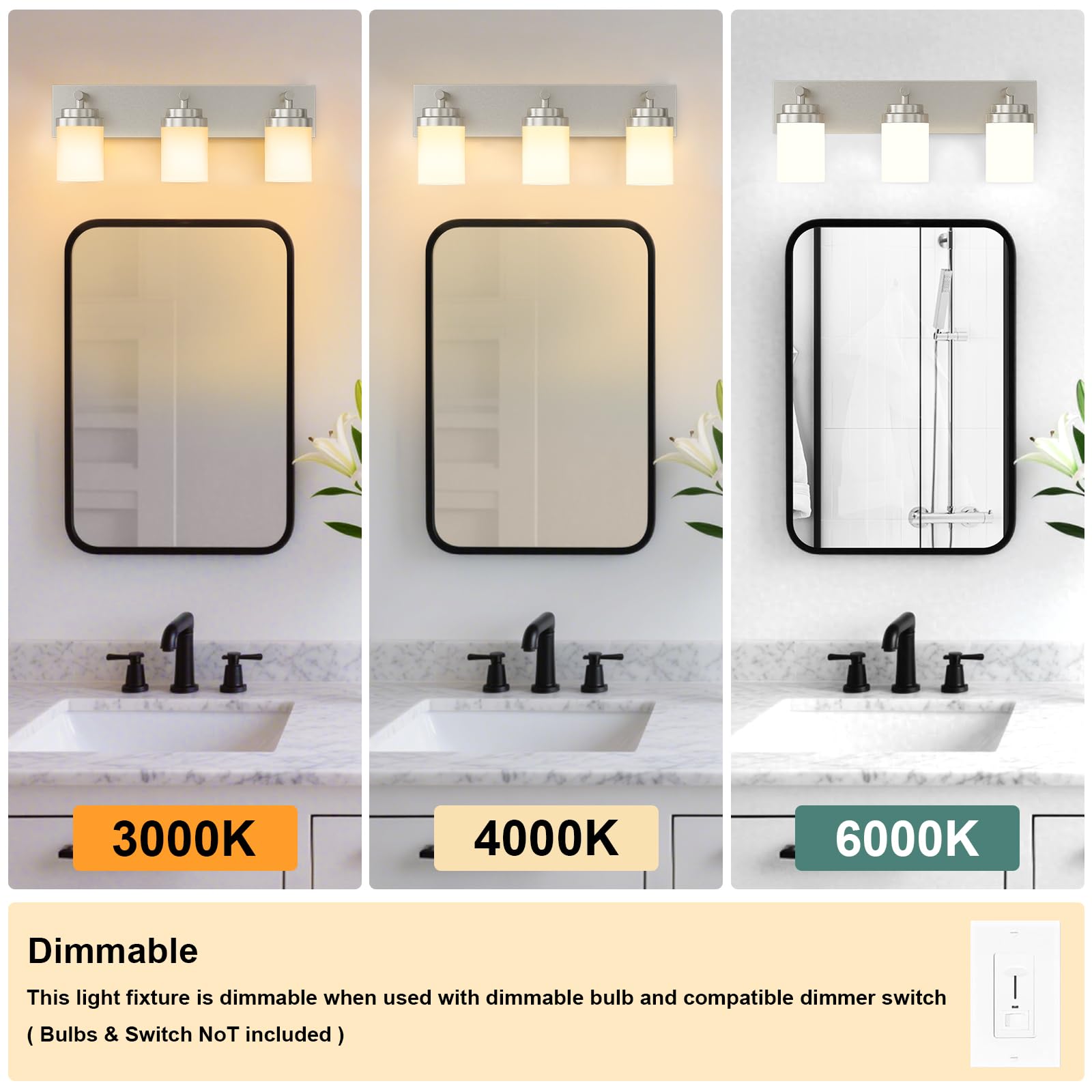 Izorro Bathroom Vanity Light Fixture  3-Light 22 Inch Brushed Nickel Bathroom Light Fixtures Over Mirror  With White Glass Shade  Modern Farmhouse Vanity Lights  Rustic Restroom Lighting Fixtures