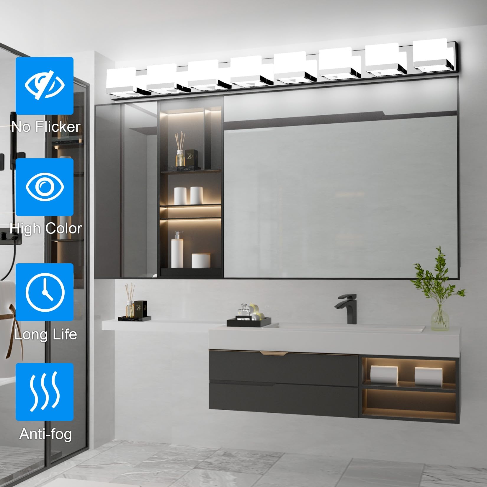 Tipace Modern LED Chrome Vanity Light, 8 Lights, Stainless Steel, Up and Down, 6000K, Model GW-1103