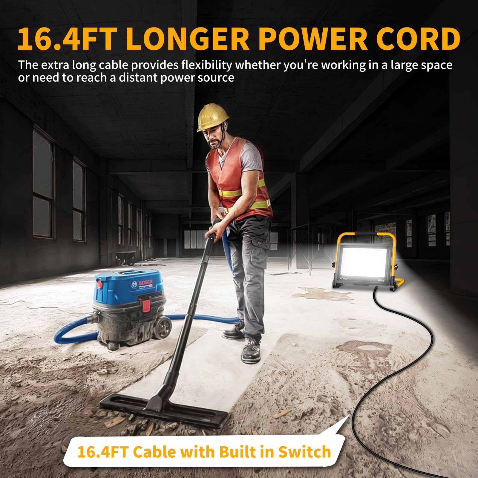 200W Led Work Light, 24000Lm Ultra Brighter Flood Light With 16Ft Cord Switch, Portable Working Light With Stand, 5000K Ip66 Wat