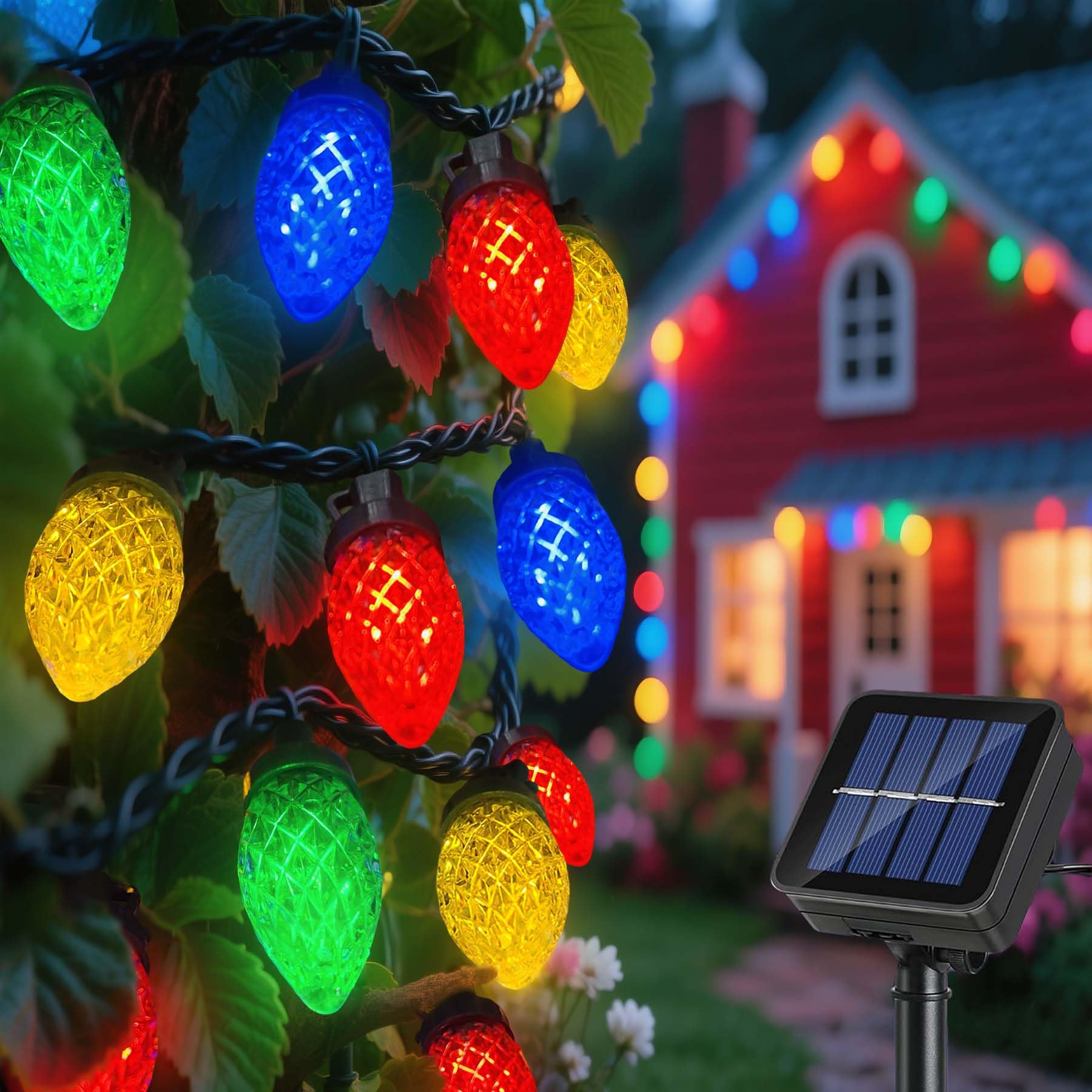 Solar String Christmas Lights C7 31Ft 50 Led Colourful Strawberry Hanging Lights Outdoor Waterproof Green Wire Fairy Light Decor