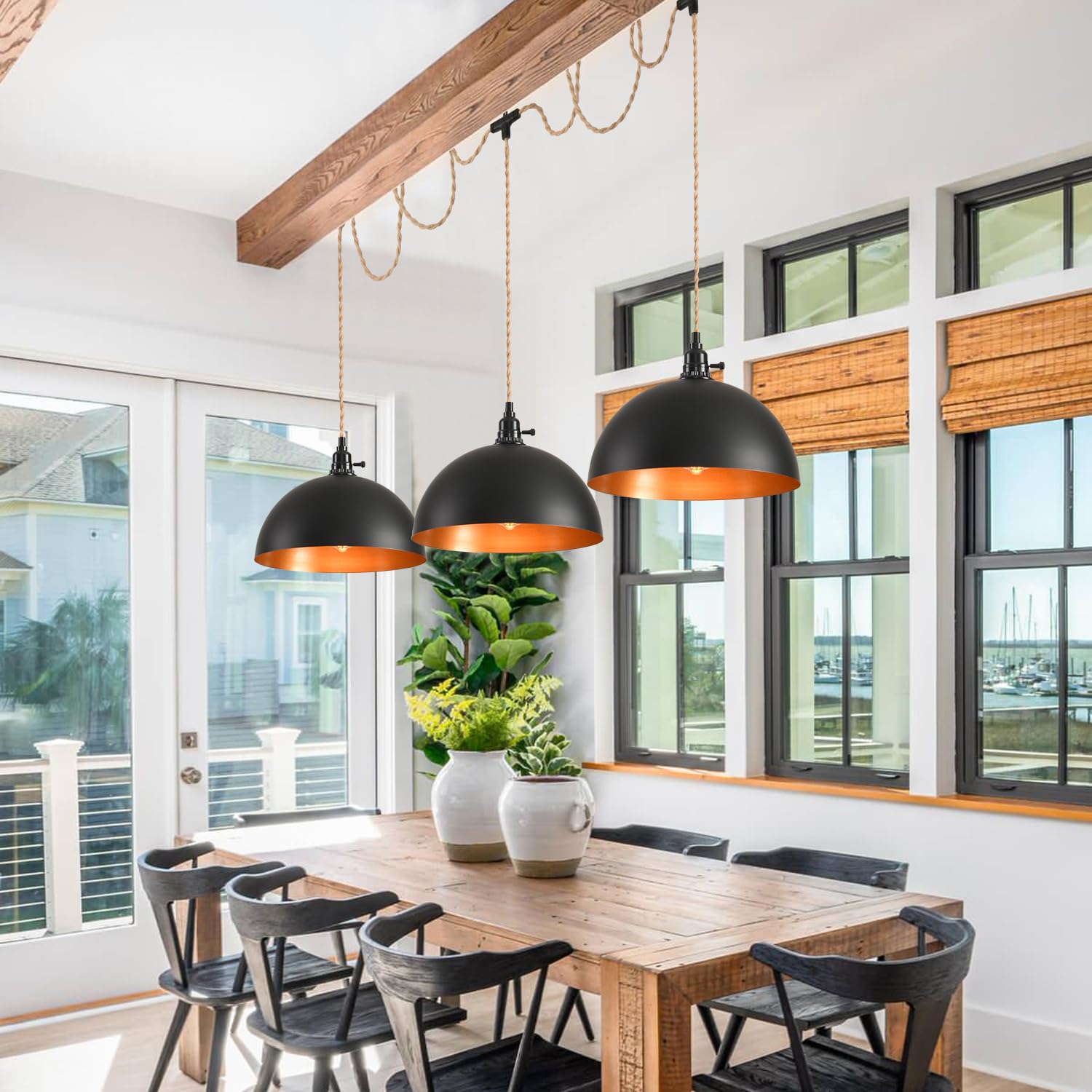 Kenmi 3-Light Hanging Light With Plug In Cord,Plug In Pendant Light 22Ft Hemp Rope Pendant Lighting Vintage 3-Light Hanging Lamp