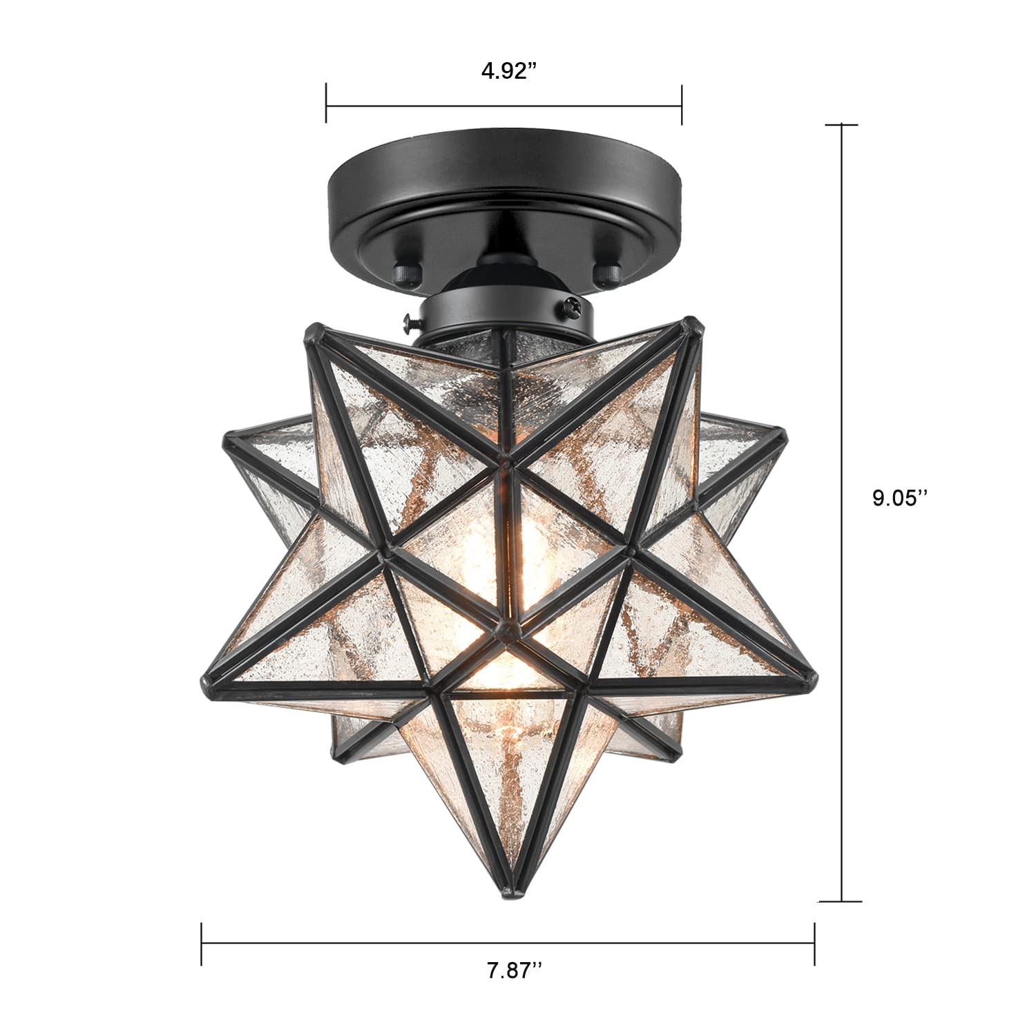 Axiland Moravian Star Light Flush Mount Ceiling Light Black With Seeded Glass Shade For Living Room Bedroom Kitchen Hallway
