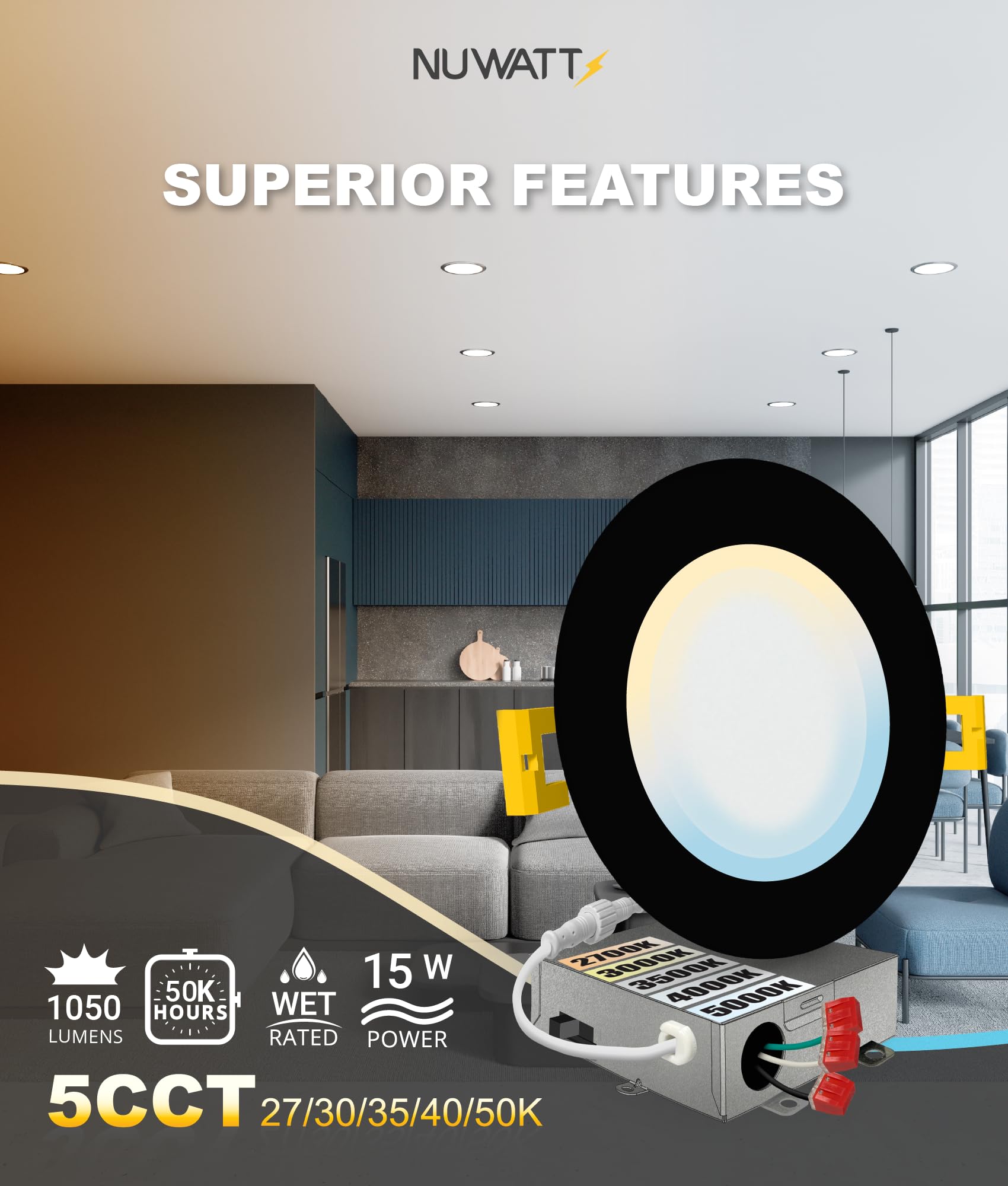 NUWATT 6 Inch Ultra-Thin Black LED Recessed Lighting, Dimmable, 1050LM, Water Resistant, IC Rated, Model NW-P-DL-6-15W