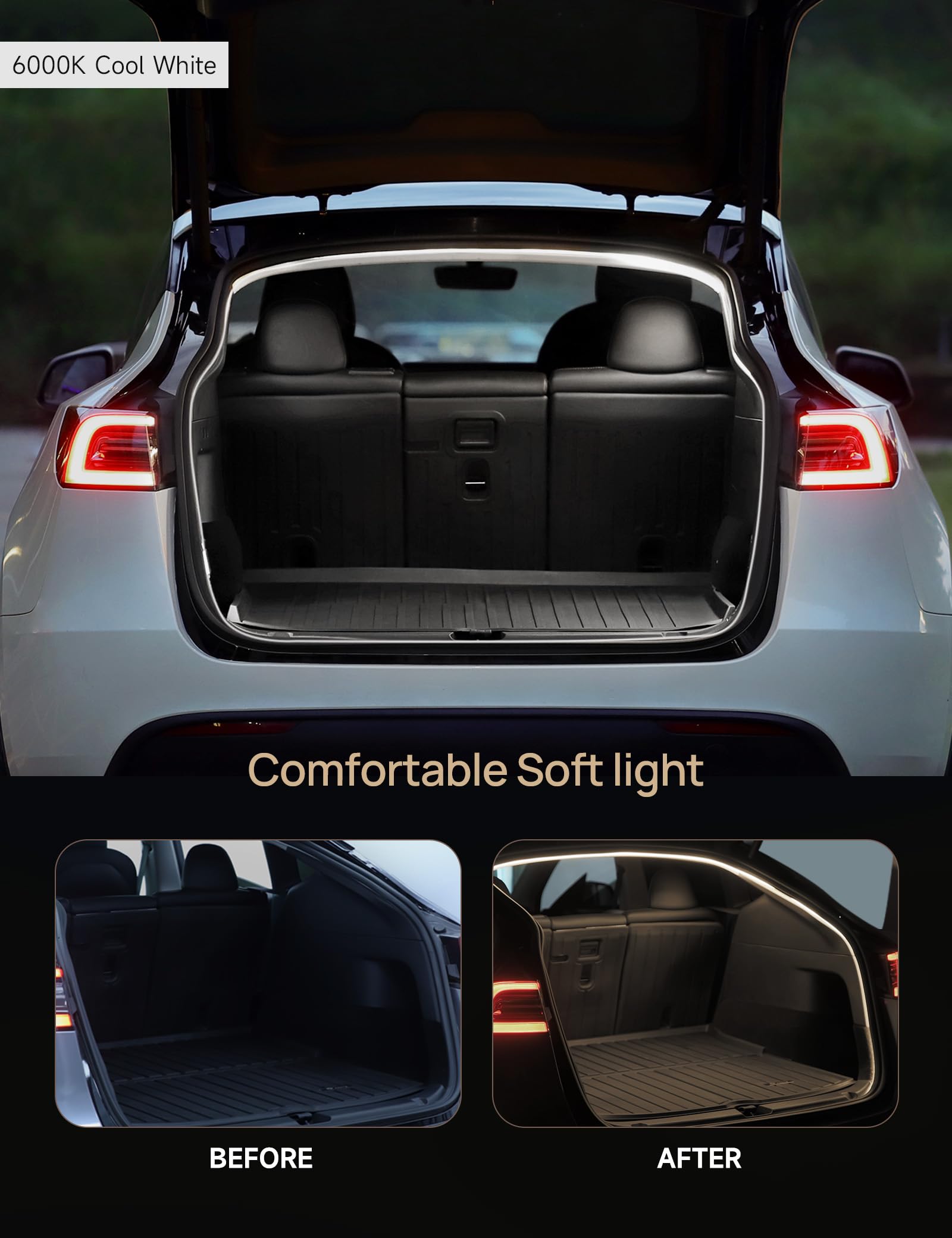 TPARTS Trunk LED Light Strip for Tesla Model Y, Silicone, Dual-Color Switchable, Warm & Cool White, Model TP331-1, Size MY 20-25+