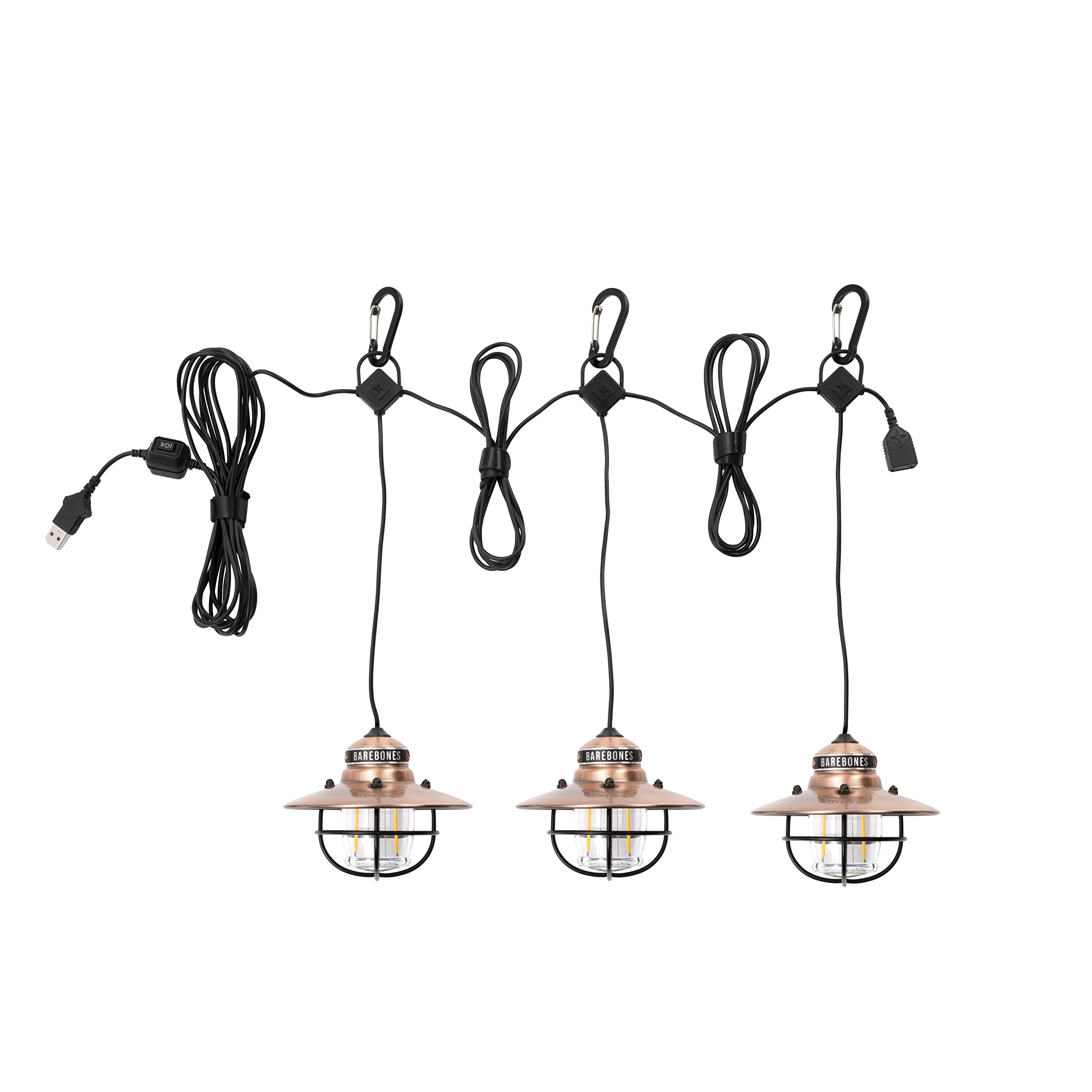 Barebones Edison Pendant String Lights - Copper - 3 LED Bulbs - 10-Foot Cord - Energy-Efficient for Outdoor/Indoor Use