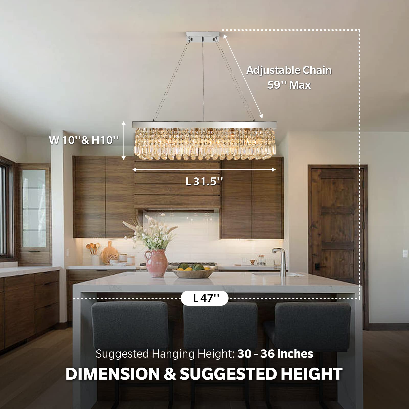 7Pm Modern Rectangle K9 Crystal Chandelier Pendant Light Fixture, Chrome, 31.5X10X10, Ideal For Dining Room & Kitchen Island