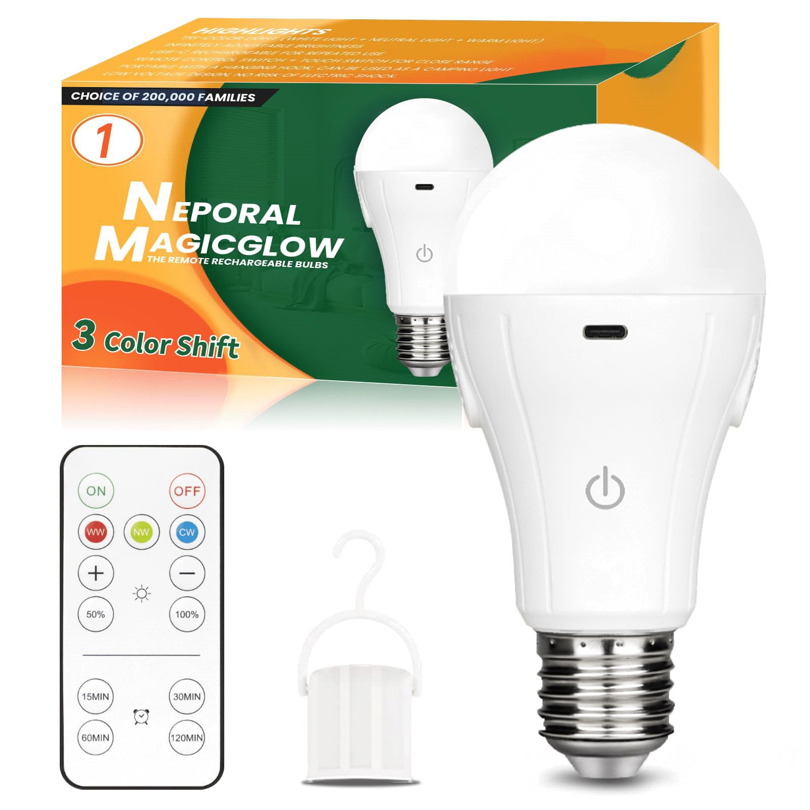 Neporal Magicglow Rechargeable Light Bulbs With Remote, 3 Colors Shift + Dimmable Battery Powered Light Bulbs, Usb Rechargeable,