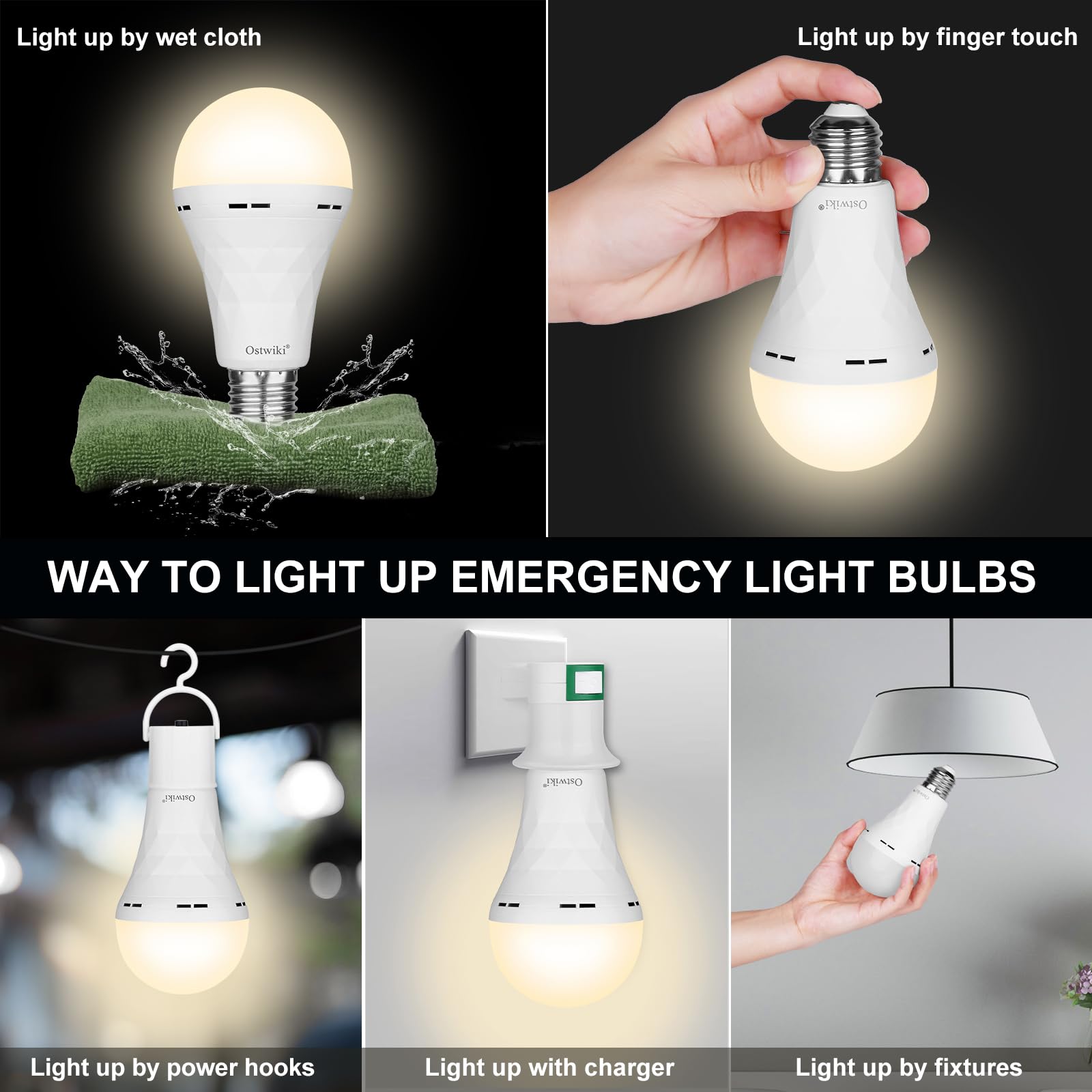 Ostwiki 9W Rechargeable LED Light Bulbs, 3000K Warm White, 6 Pack, Battery Backup for Power Outage & Camping - Model OST-100-9