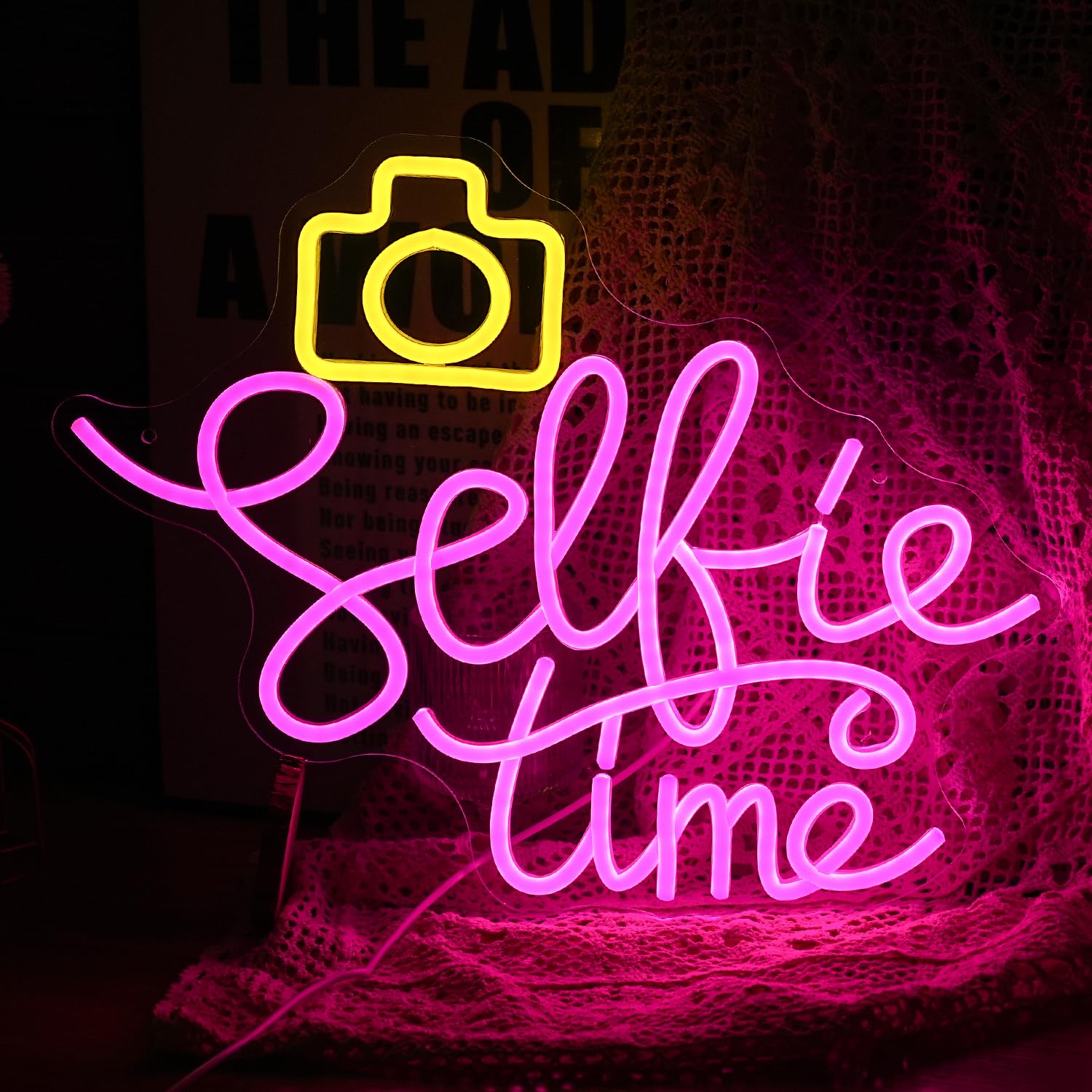 GNVETZLL Selfie Time Neon Sign LED Light Pink Yellow Acrylic 16.7x12.8in Dimmable USB Powered Wall Decor for Photography Studio